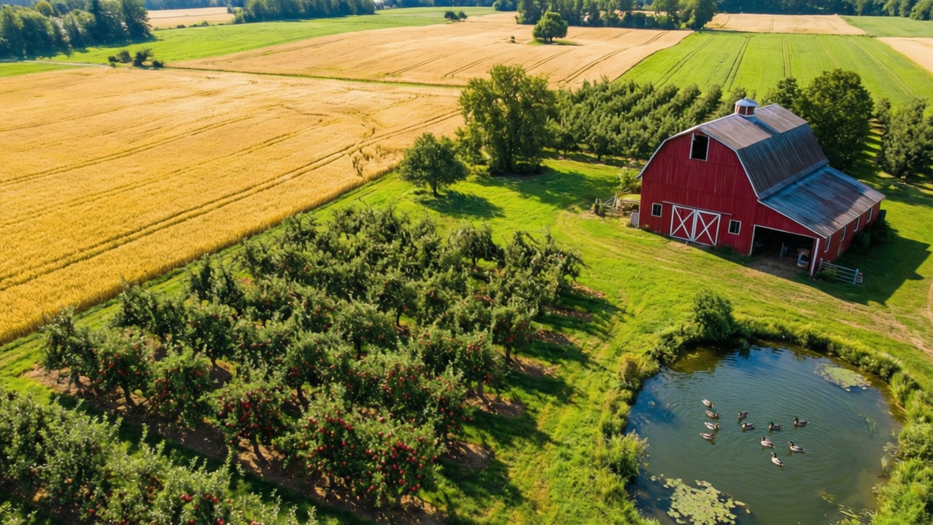 Farm from Above 壁紙 — 紅色穀倉旁邊有鴨子的池塘，周圍是綠色果園和金黃色麥田的鳥瞰圖。