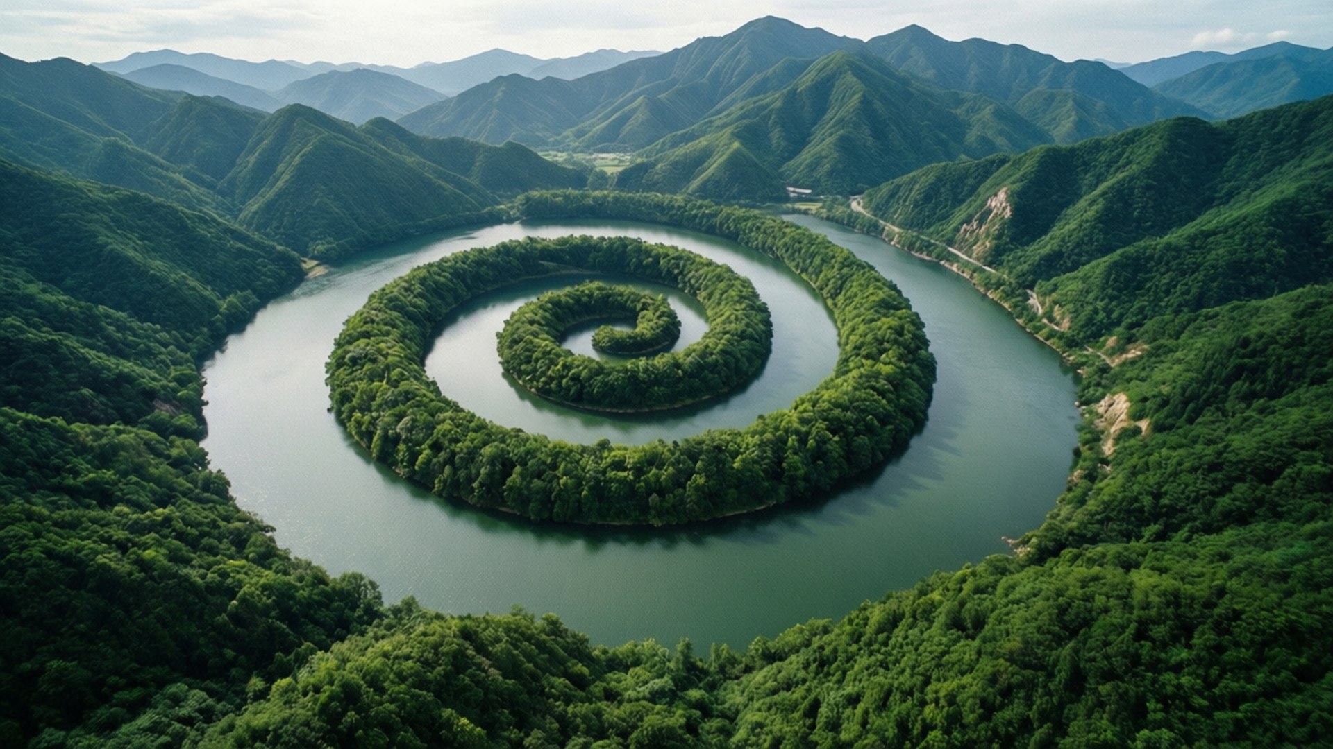 River Spiral 壁紙 — 從高空俯瞰，一條河流在柔和天空下穿過茂密翠綠的山巒，形成完美螺旋。