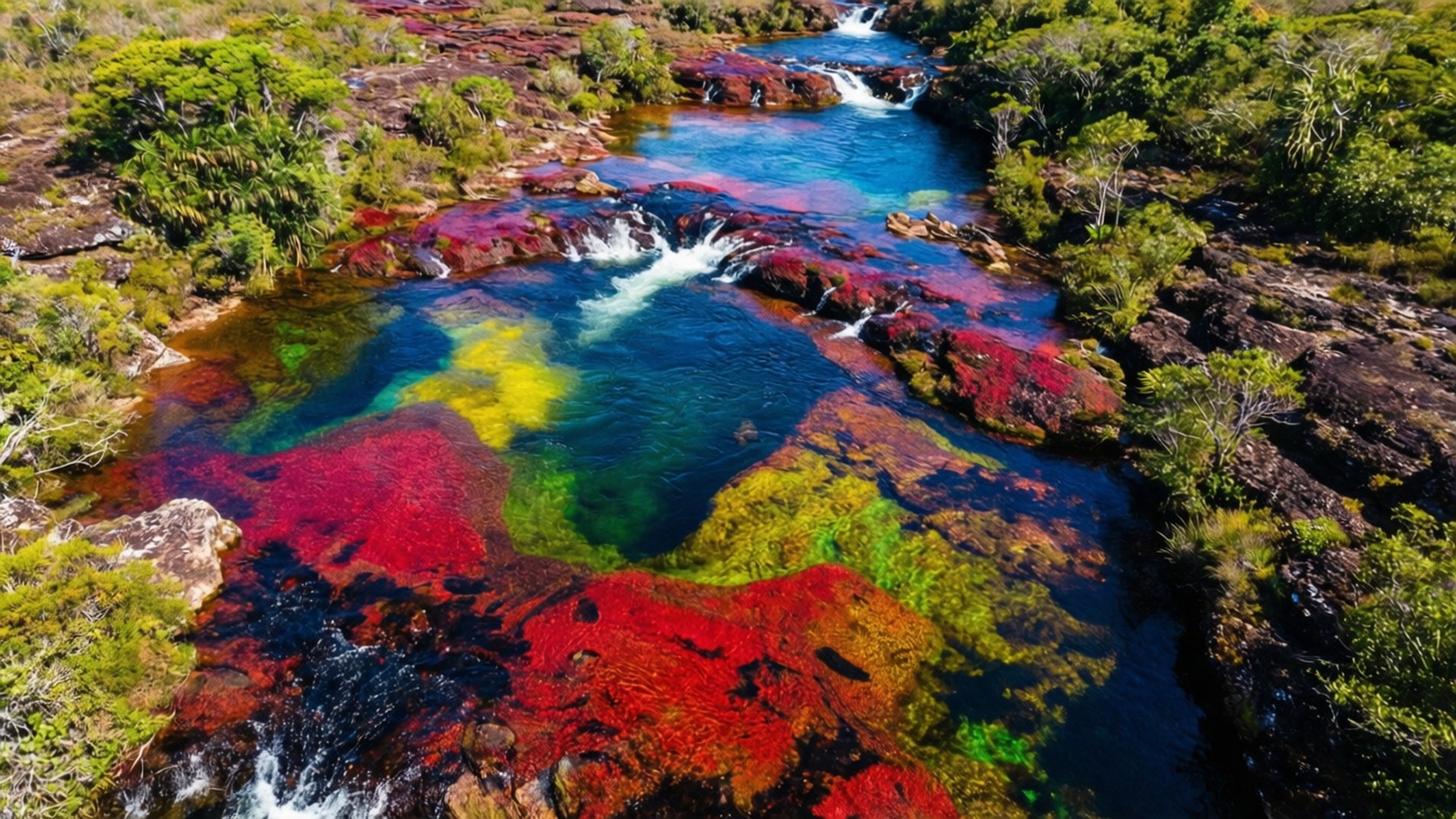 Cano Cristales River 壁紙 — 俯瞰一條河流，河中有色彩鮮豔的紅色、綠色和藍色礦物染色的岩石，流經茂密的綠色森林。