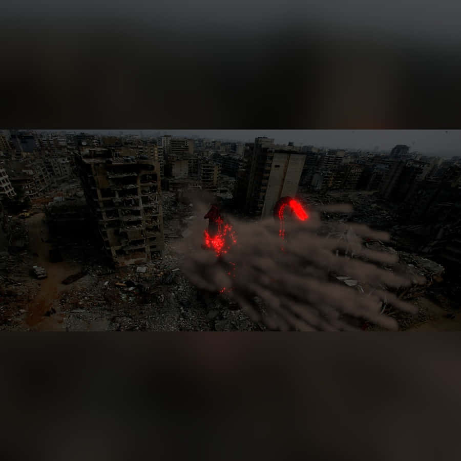 Godzilla City Destruction 桌布 壁紙 — 廢墟城市景觀的鳥瞰圖，在黑暗的天空下，熾熱的紅色熔岩從瓦礫中噴出。