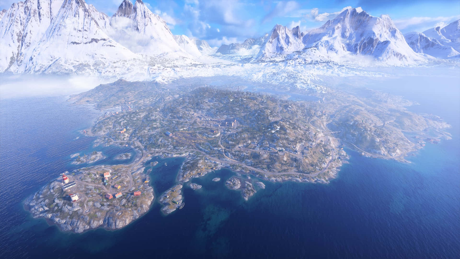 壁紙 — 晴朗天空下，白雪覆蓋的山島與沿海城鎮及深藍色海水的鳥瞰圖。