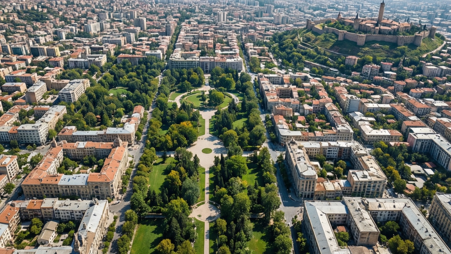 Ankara City Aerial 壁紙 — 廣闊城市的鳥瞰圖，中央綠色公園兩旁是住宅建築和山上的歷史堡壘。