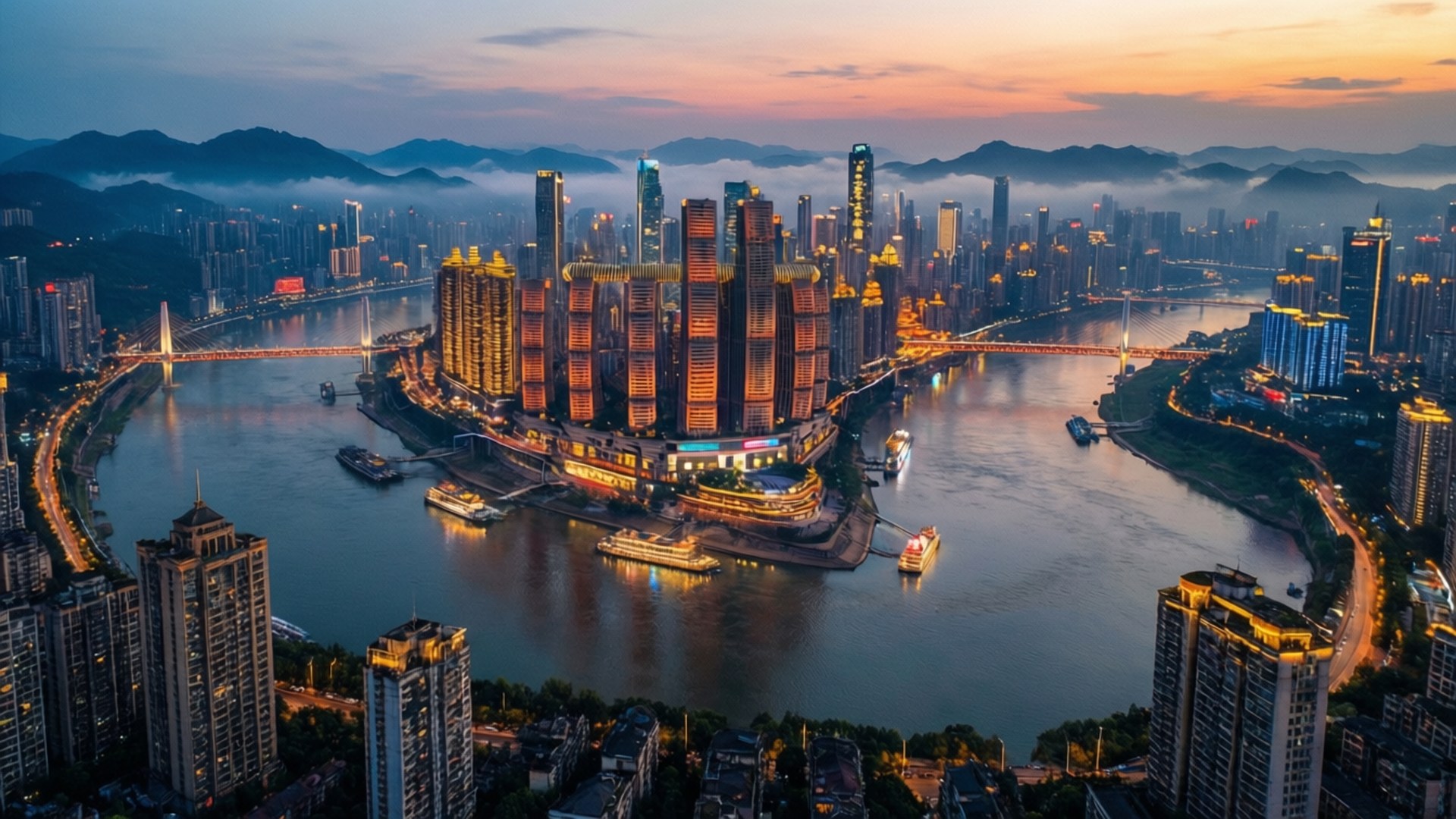 Chongqing Confluence Twilight 壁紙 — 黃昏時分廣闊城市景觀的鳥瞰圖，發光的摩天大樓沿著蜿蜒的河流排列，周圍環繞著霧氣繚繞的山脈。