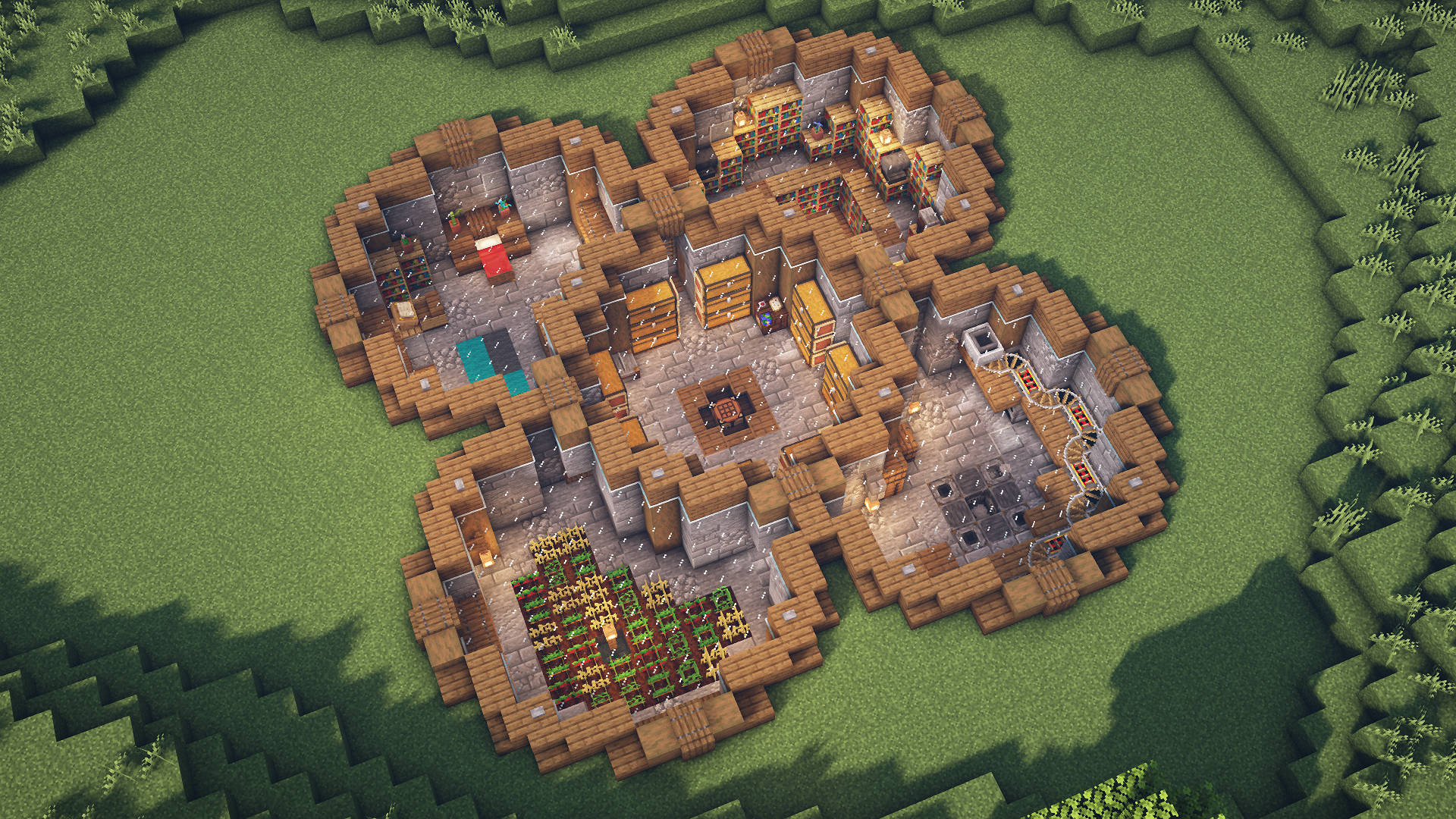 Minecraft村莊，有木屋、花園和一個被草和樹木環繞的中央廣場。 — 可愛的 Minecraft 壁紙