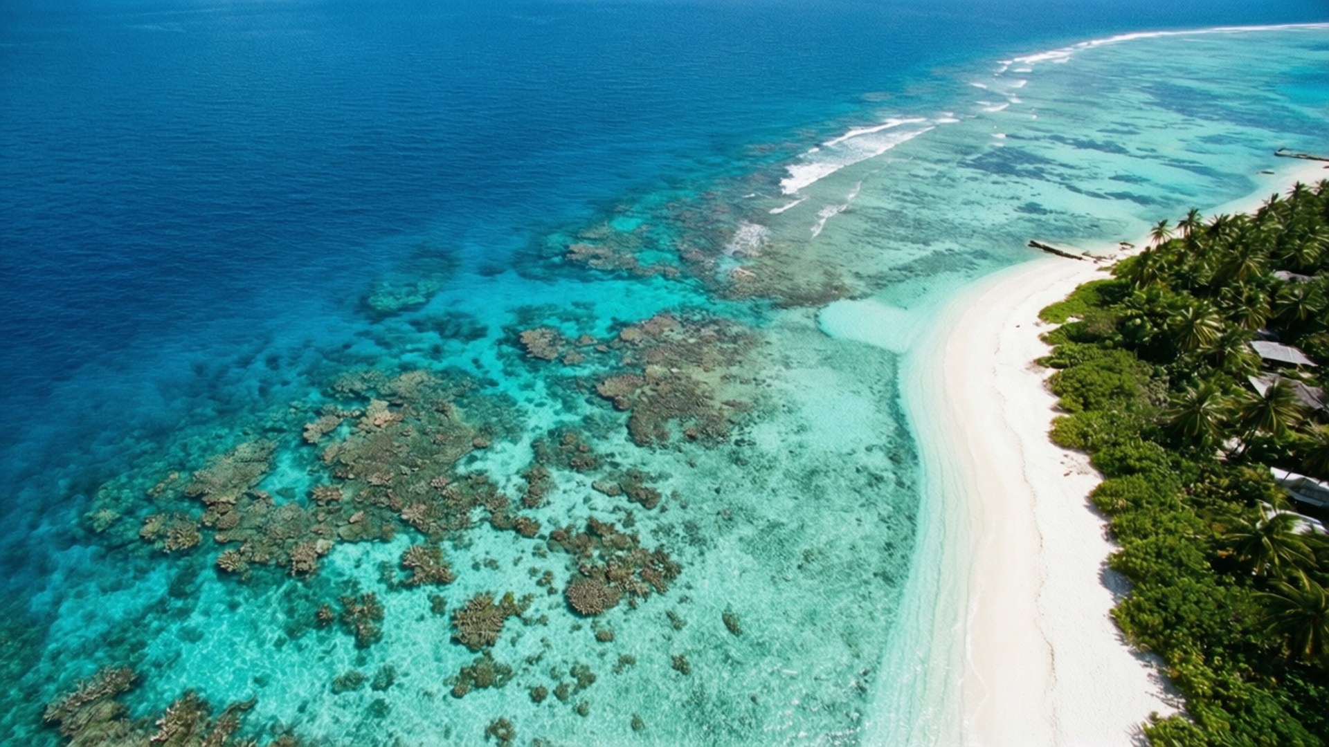 Turquoise Coastline Aerial 壁紙 — 熱帶環礁的鳥瞰圖，有藍綠色潟湖、珊瑚礁、白色沙灘和茂密的綠色棕櫚樹。