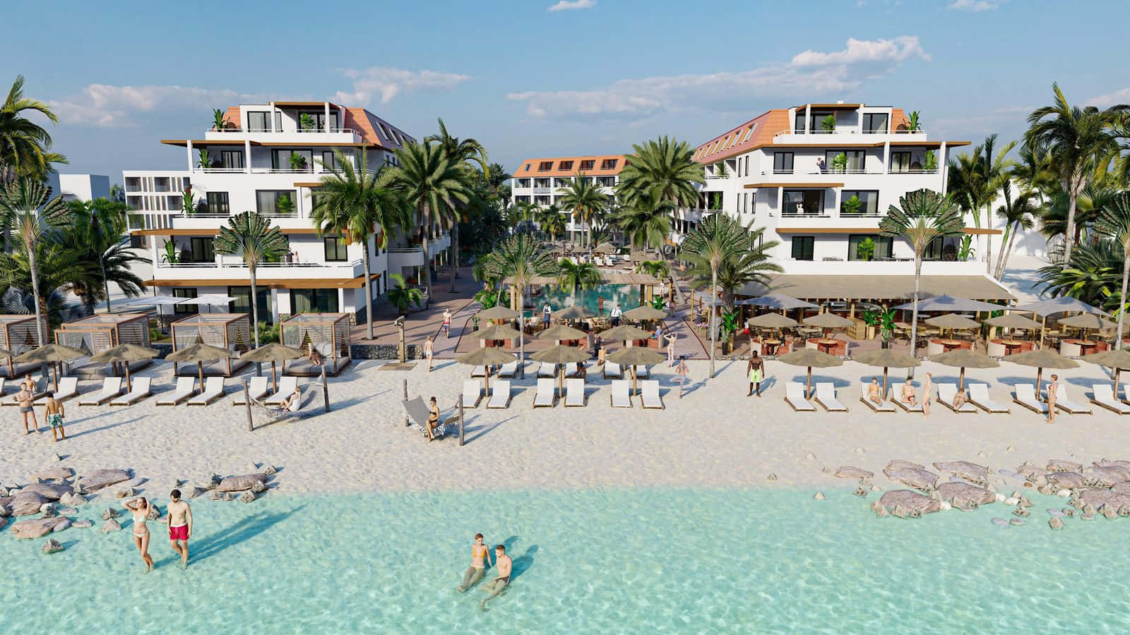 Beach Resort 桌布 壁紙 — 熱帶海灘度假村的鳥瞰圖，有白色建築物、棕櫚樹和客人在碧綠的海水中躺在日光浴床上放鬆。
