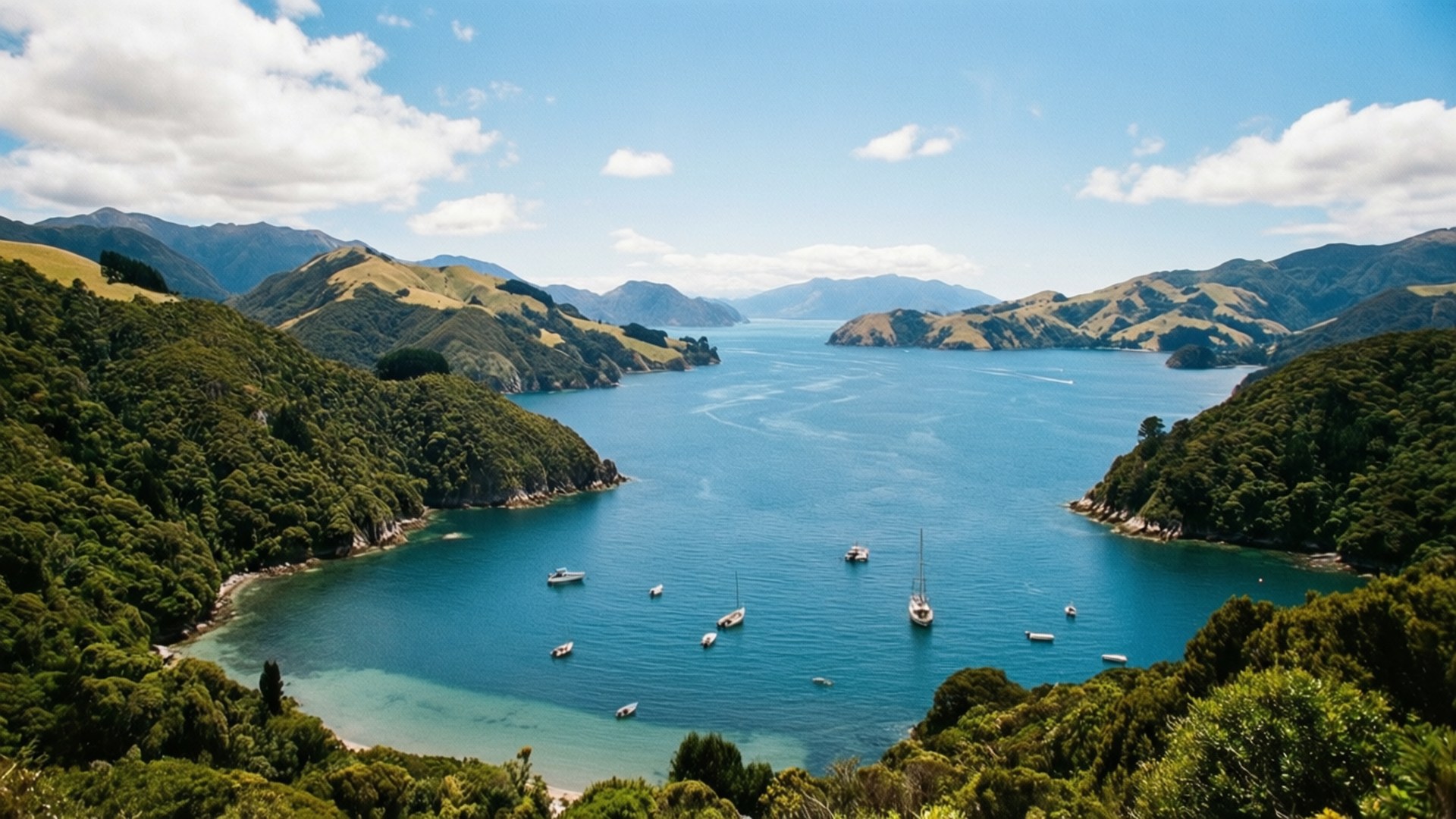 Marlborough Sounds 壁紙 — 鳥瞰圖：一片碧綠海灣，四周環繞著鬱蔥青山，點綴著帆船，天空湛藍。