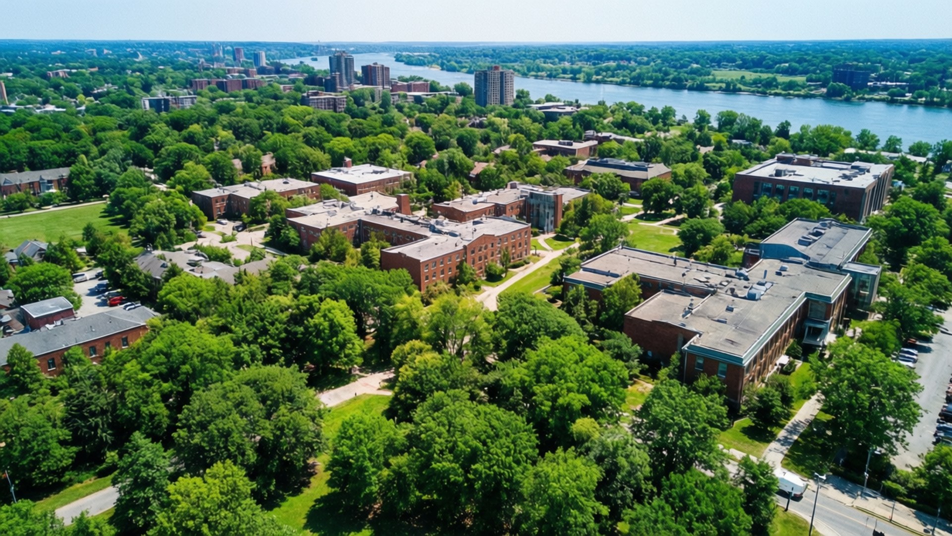 Campus Aerial Summer 壁紙 — 大學校園的鳥瞰圖，磚造建築坐落在茂密的綠樹之中，旁邊是一條寬闊的河流，天空清澈湛藍。