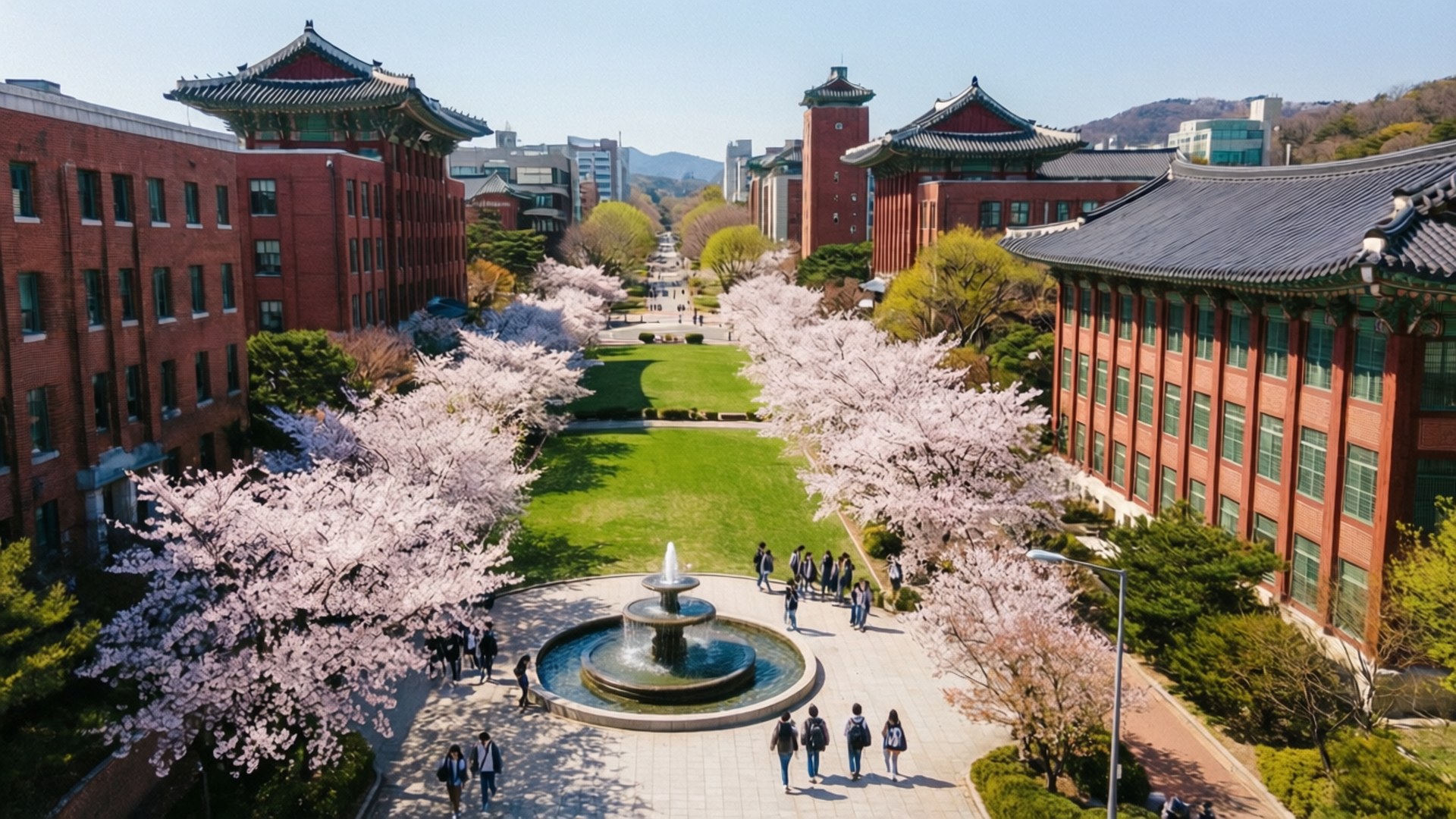 Korea University 桌布 壁紙 — 大學校園的鳥瞰圖，有紅磚建築、傳統屋頂、櫻花樹和學生在中央噴泉周圍走動。