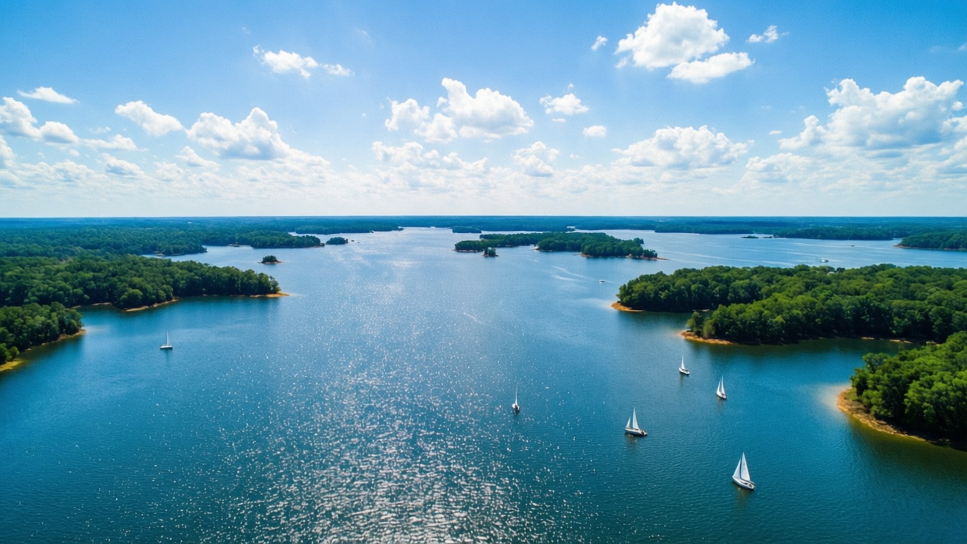 Lake Guntersville Aerial Panorama 壁紙 — 廣闊藍色湖泊的鳥瞰圖，點綴著帆船，周圍環繞著茂密的綠色森林，天空明亮，有蓬鬆的雲朵。