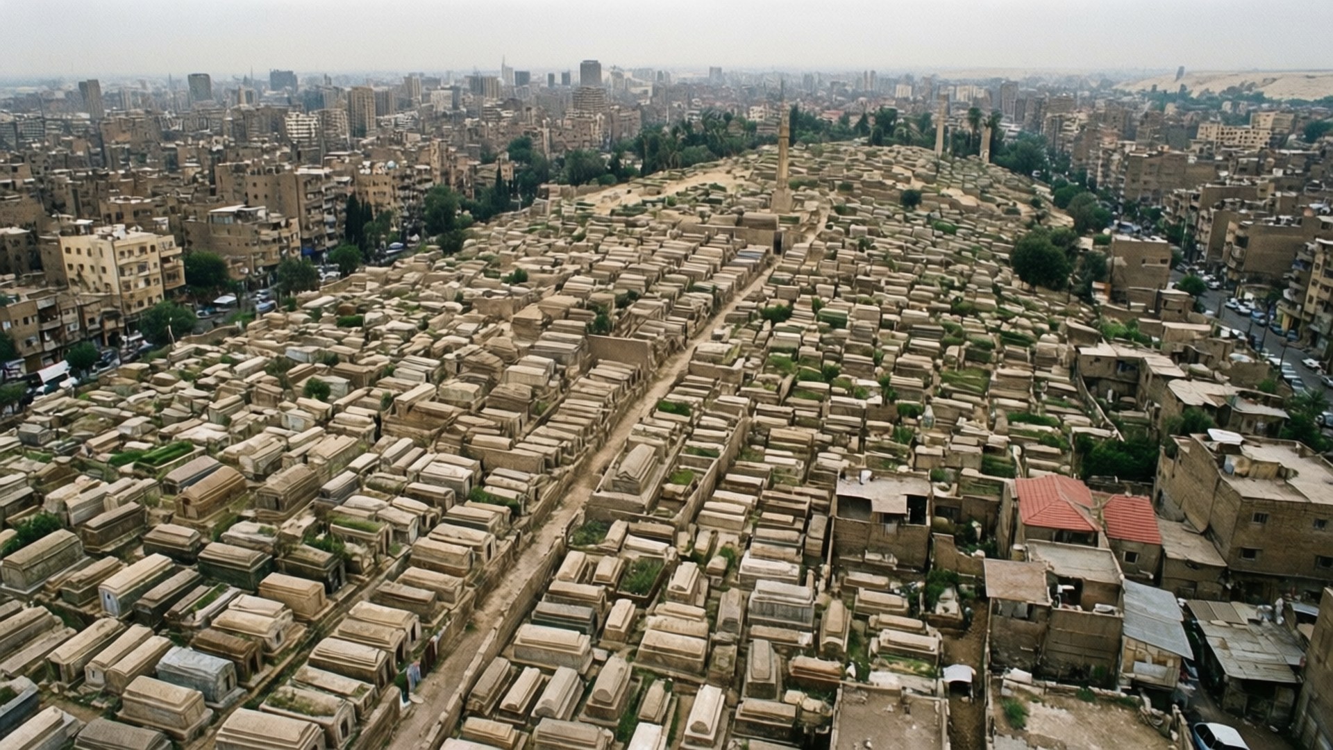 City of the Dead Aerial 壁紙 — 從高空俯瞰廣闊的墓地，一排排米黃色的墳墓坐落於城市建築之間，天空朦朧。