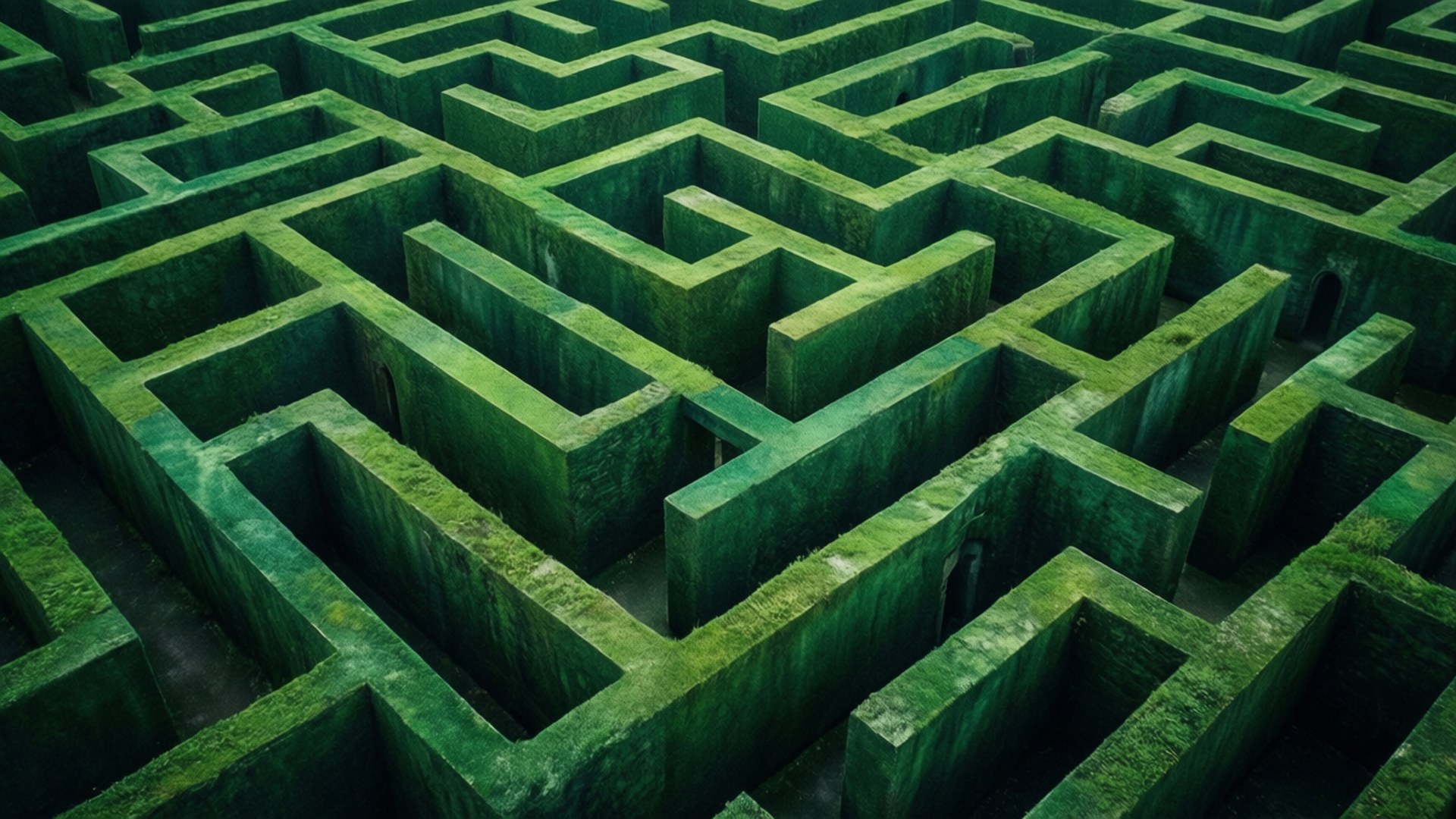 Green Maze Abstract 壁紙 — 從上空俯瞰一個廣闊的石頭迷宮，覆蓋著充滿活力的綠色苔蘚，有錯綜複雜的蜿蜒小徑。