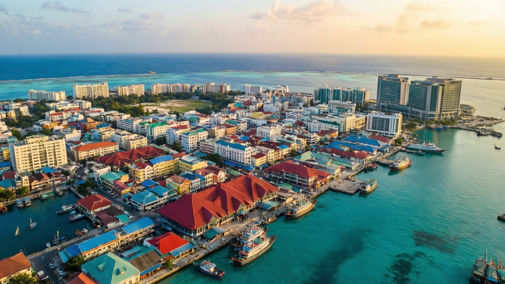 City of Malé from Above 壁紙 — 黃金時分充滿活力的沿海小鎮鳥瞰圖，色彩繽紛的建築和碧綠的海水。