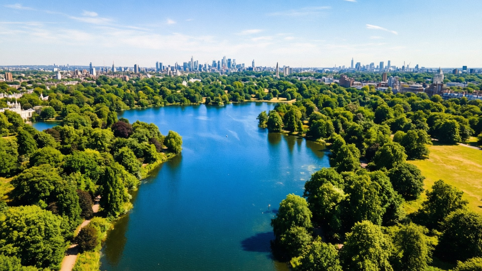 Hyde Park Serpentine Aerial 壁紙 — 一個充滿活力的綠色公園的鳥瞰圖，蜿蜒的藍色湖泊被茂密的樹木環繞，遠處的城市天際線在晴朗的藍天下。