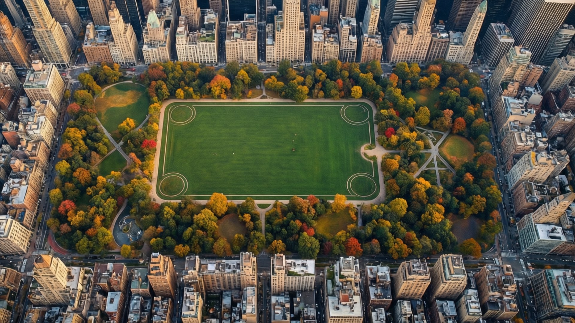 Central Park Autumn Aerial 壁紙 — 密集城市公園中，被秋色樹木環繞的充滿活力的綠色矩形田野的鳥瞰圖。