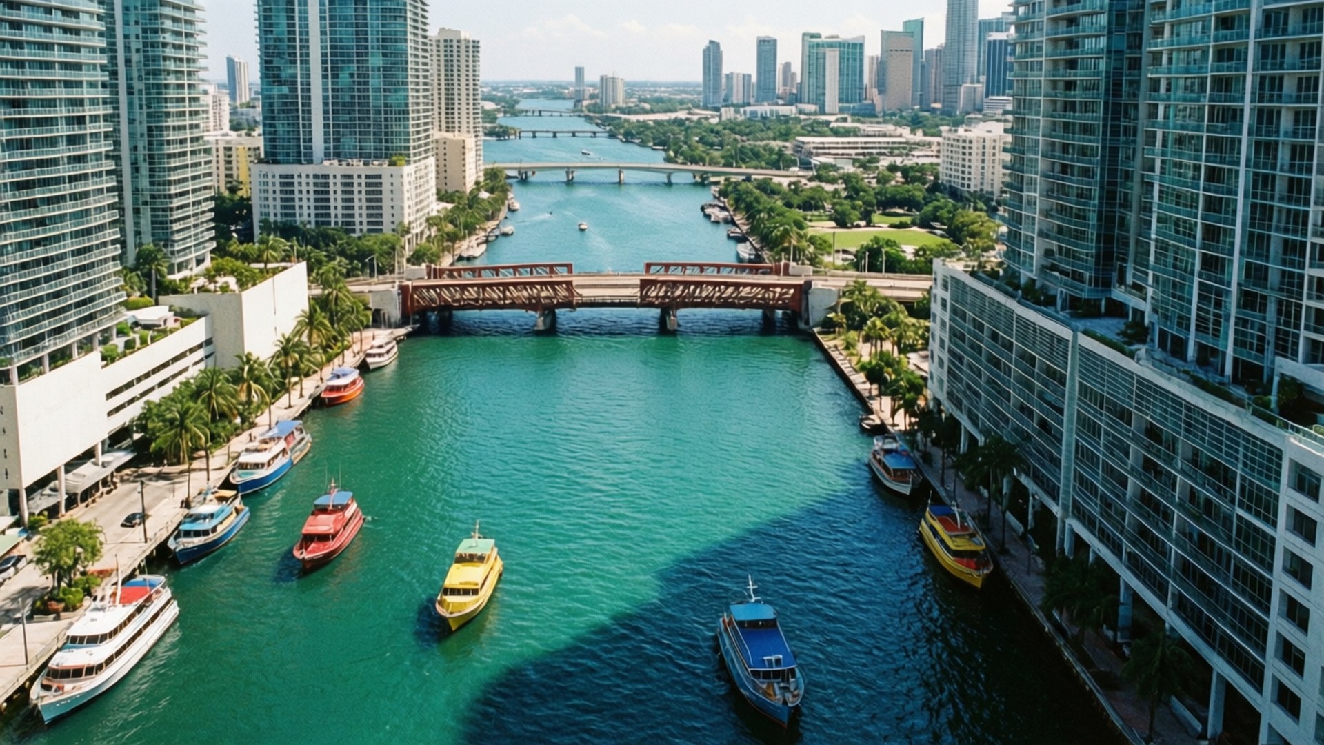 Miami River Aerial 壁紙 — 充滿活力的藍綠色運河鳥瞰圖，兩旁是現代玻璃摩天大樓和棕櫚樹，色彩繽紛的船隻在生鏽的橋下行駛。