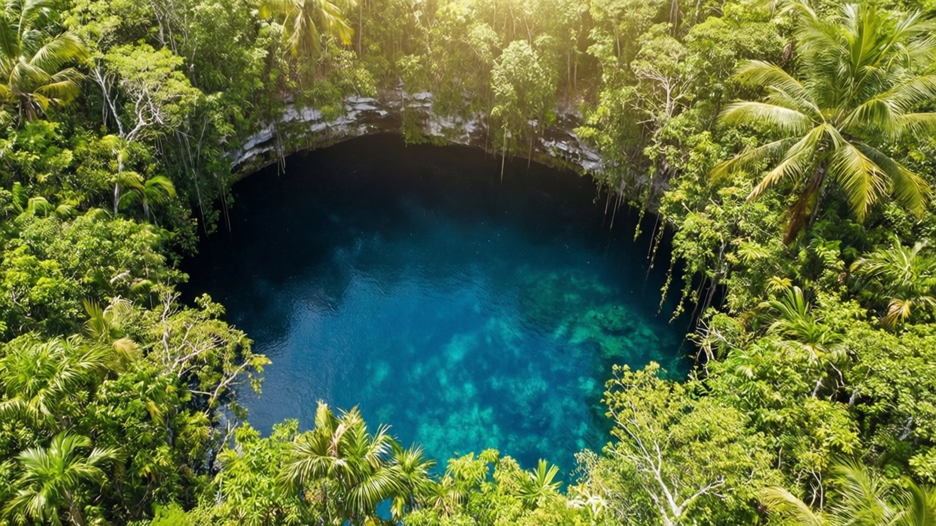 Yucatan Cenote Aerial 壁紙 — 從高空俯瞰，一個充滿活力的藍綠色天然井被茂密的翡翠綠叢林樹冠環繞，陽光透過樹冠灑落。