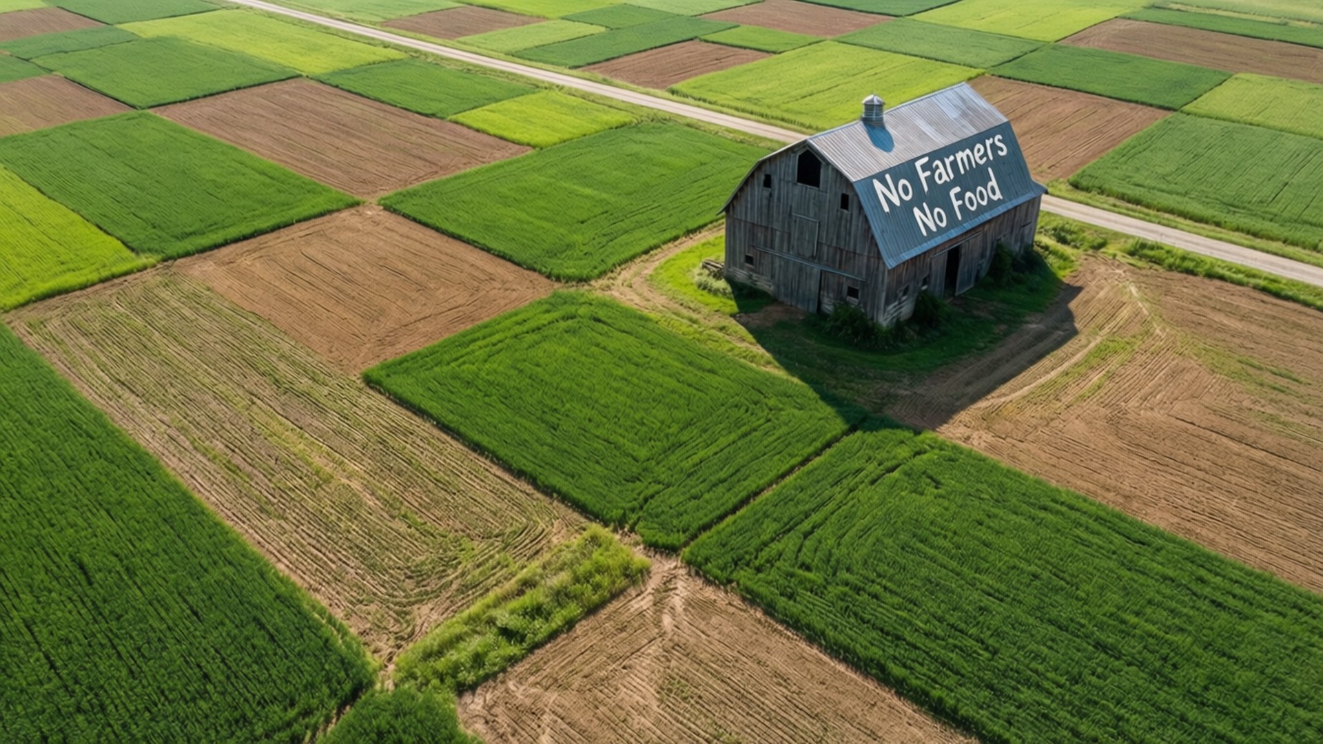 Patchwork Fields Aerial 壁紙 — 從空中俯瞰一座風化的穀倉，屋頂上漆有「No Farmers No Food」字樣，周圍是綠色和棕色作物交織的拼布田野，在明亮的日光下。