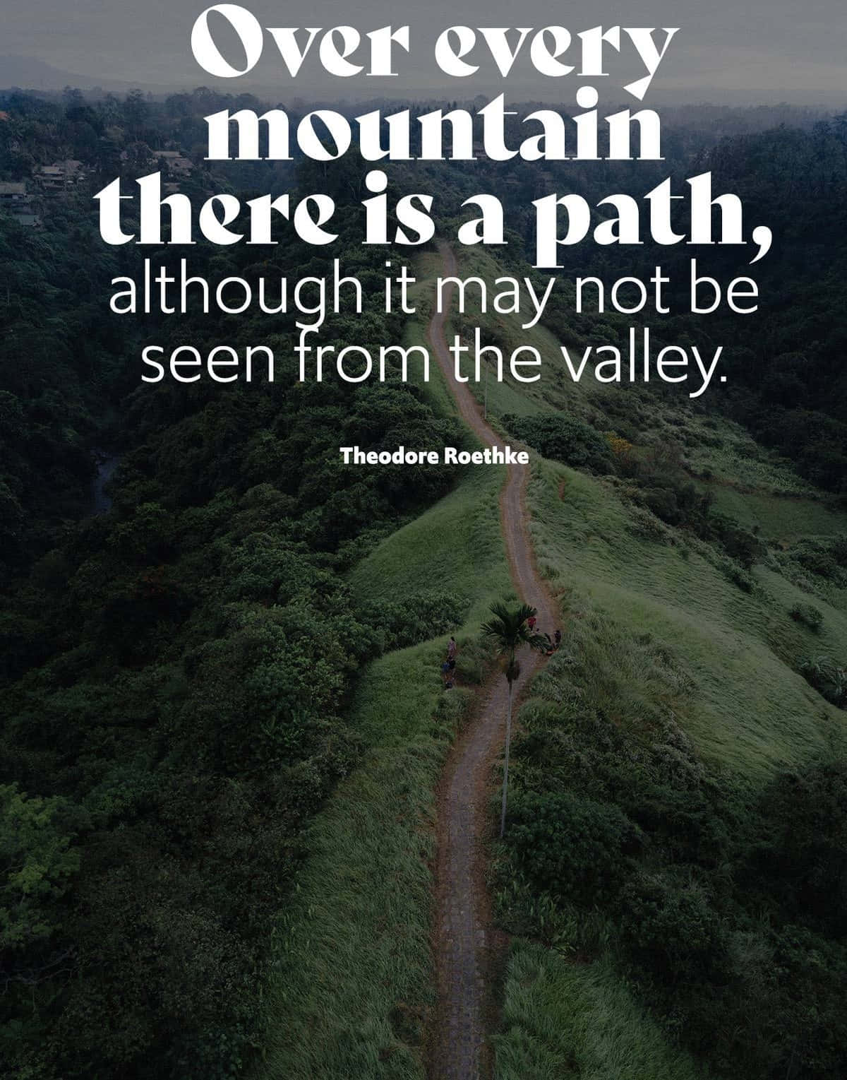 Nature Quotes 桌布 壁紙 — 俯瞰蜿蜒的泥路穿過翠綠山丘，並疊加了勵志語句。
