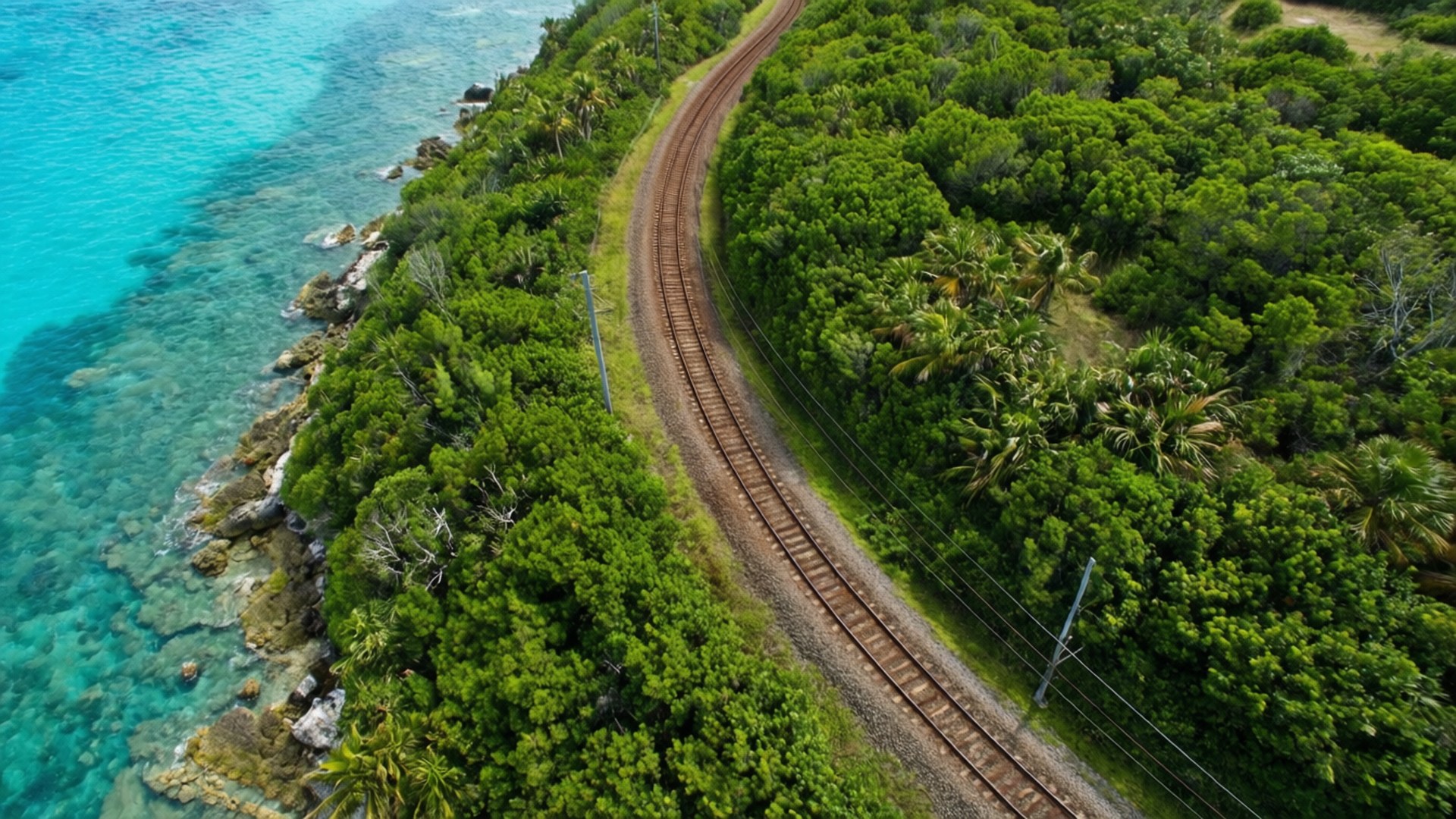 Railway Trail Aerial 壁紙 — 俯瞰蜿蜒的鐵路軌道緊貼著綠意盎然的叢林海岸線，旁邊是碧綠色的海水。