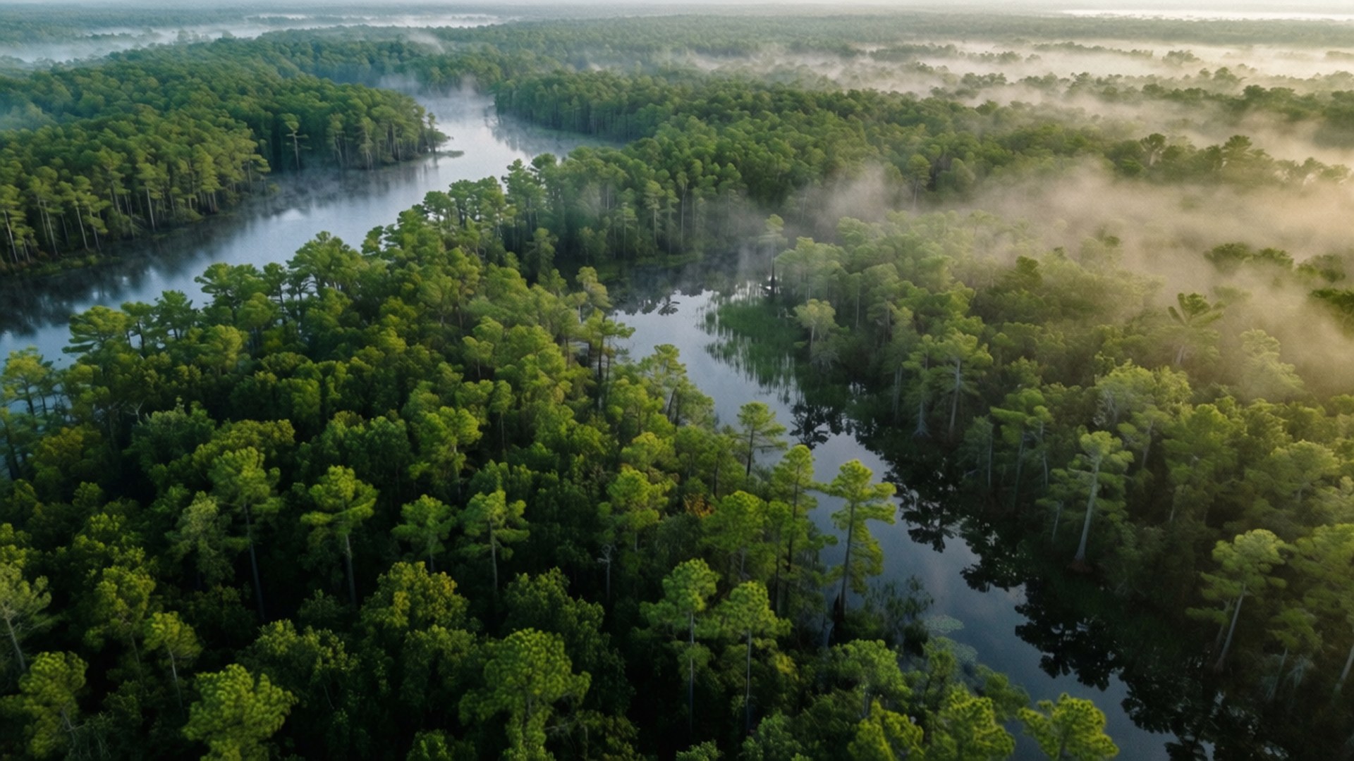 Mystical Dismal Swamp 壁紙 — 俯瞰蜿蜒河流穿過茂密綠色森林，晨霧在水面和樹木上方升起。
