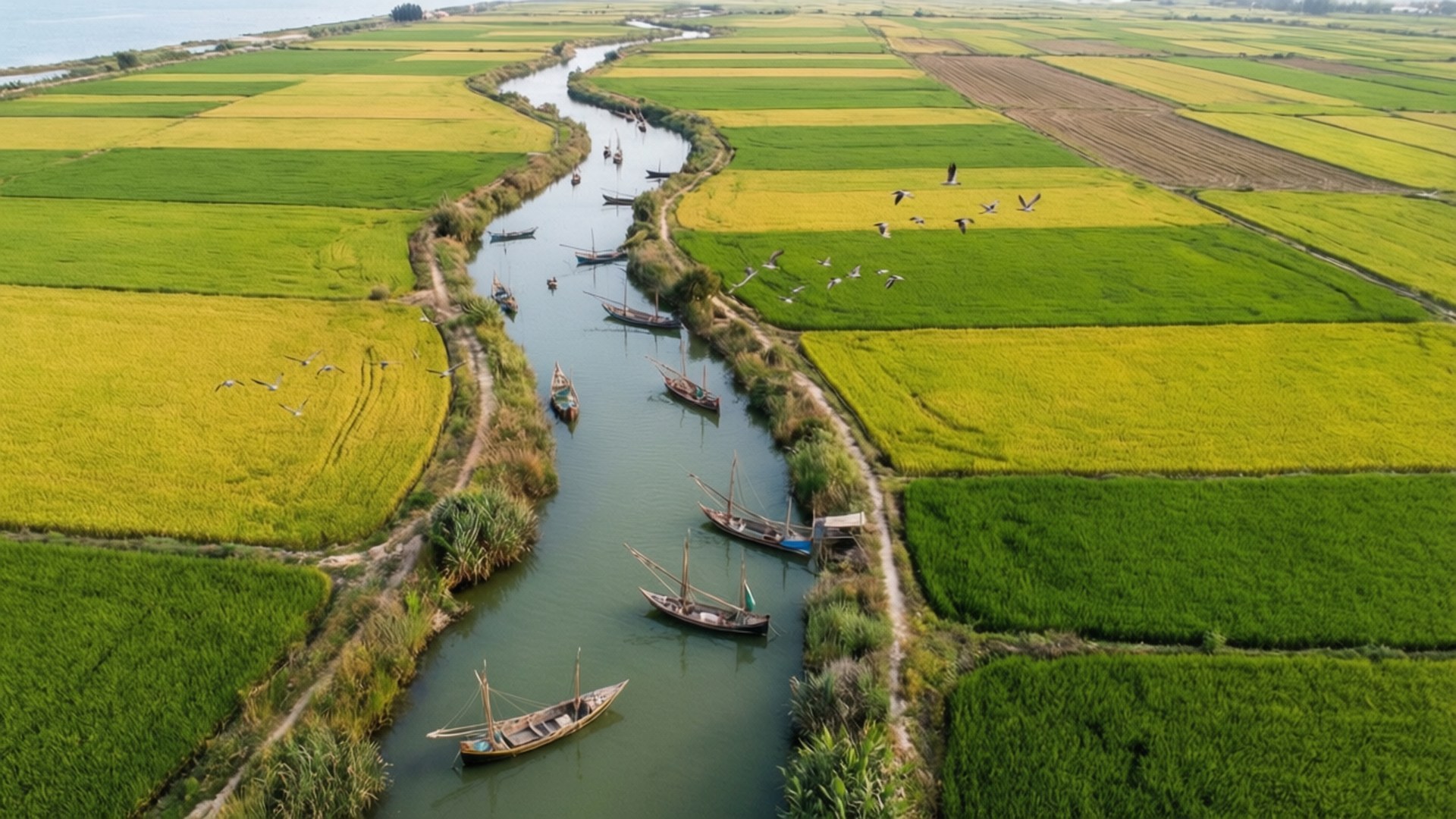Albufera Rice Fields 壁紙 — 俯瞰蜿蜒河流穿過翠綠金黃稻田，有傳統船隻和飛鳥的航拍圖。