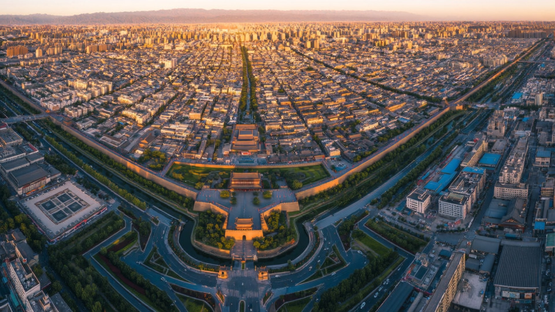 Aerial City Wall 壁紙 — 古城牆與現代城市擴張在金色夕陽下的鳥瞰圖。