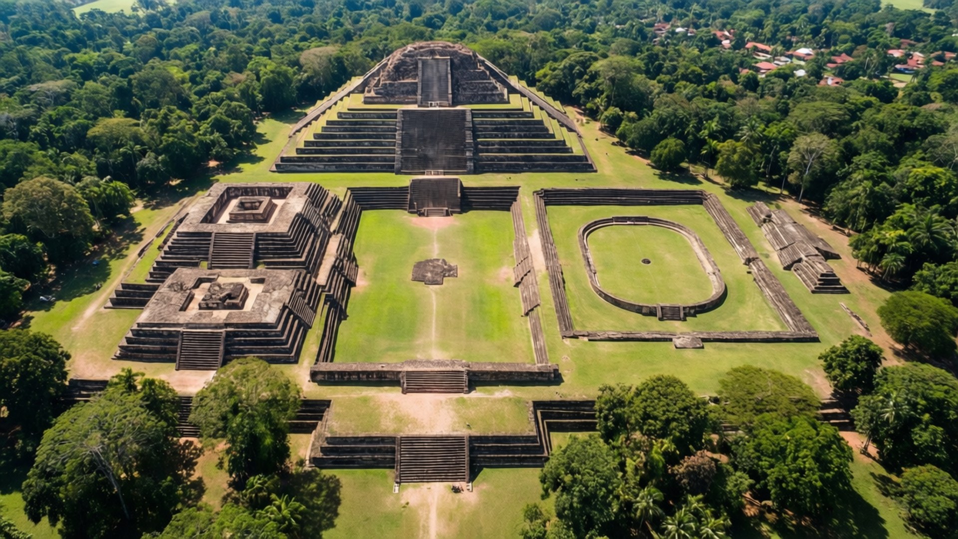 Aerial View of Copan Site 壁紙 — 古老瑪雅遺址的鳥瞰圖，擁有階梯金字塔和廣場，周圍環繞著茂密的綠色叢林。