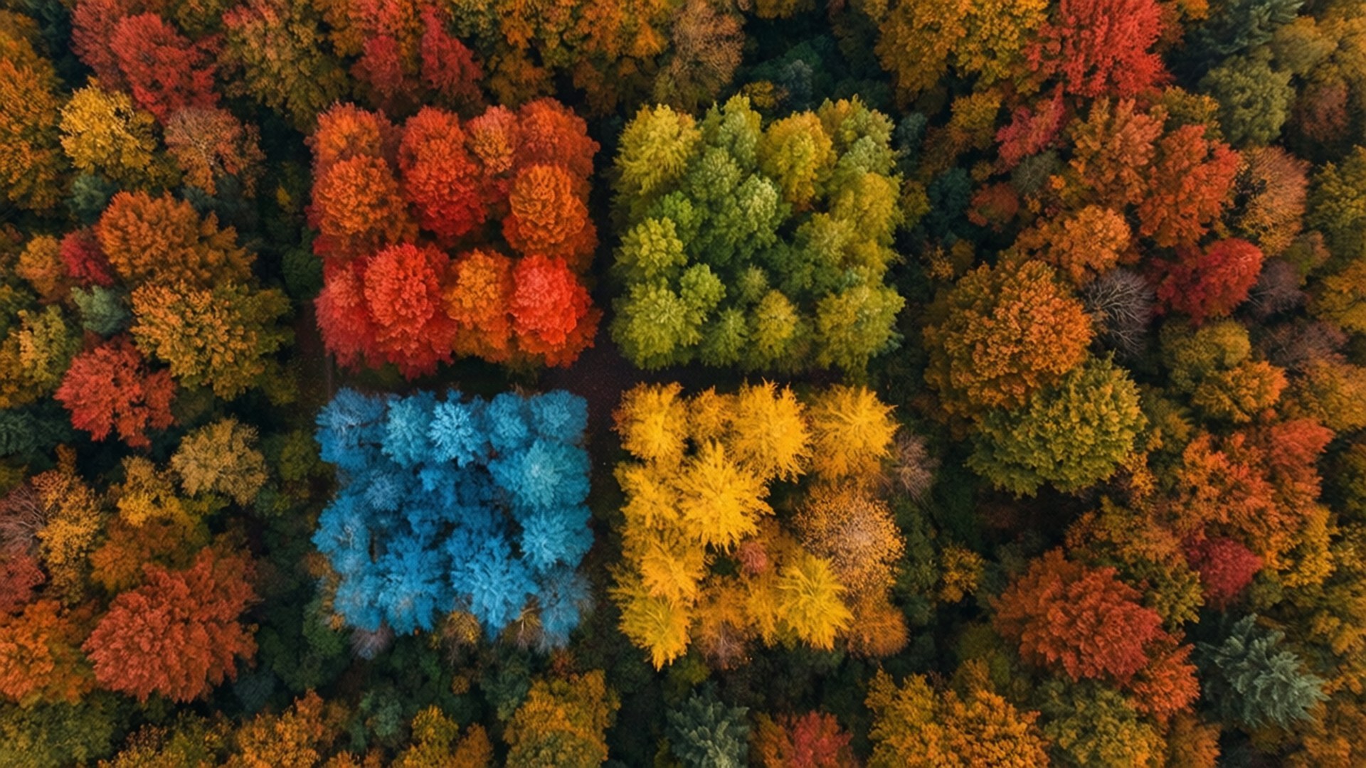 Autumn Canopy Microsoft 壁紙 — 秋季森林的鳥瞰圖，有紅色、橙色、綠色和藍色樹木的四個不同色塊。