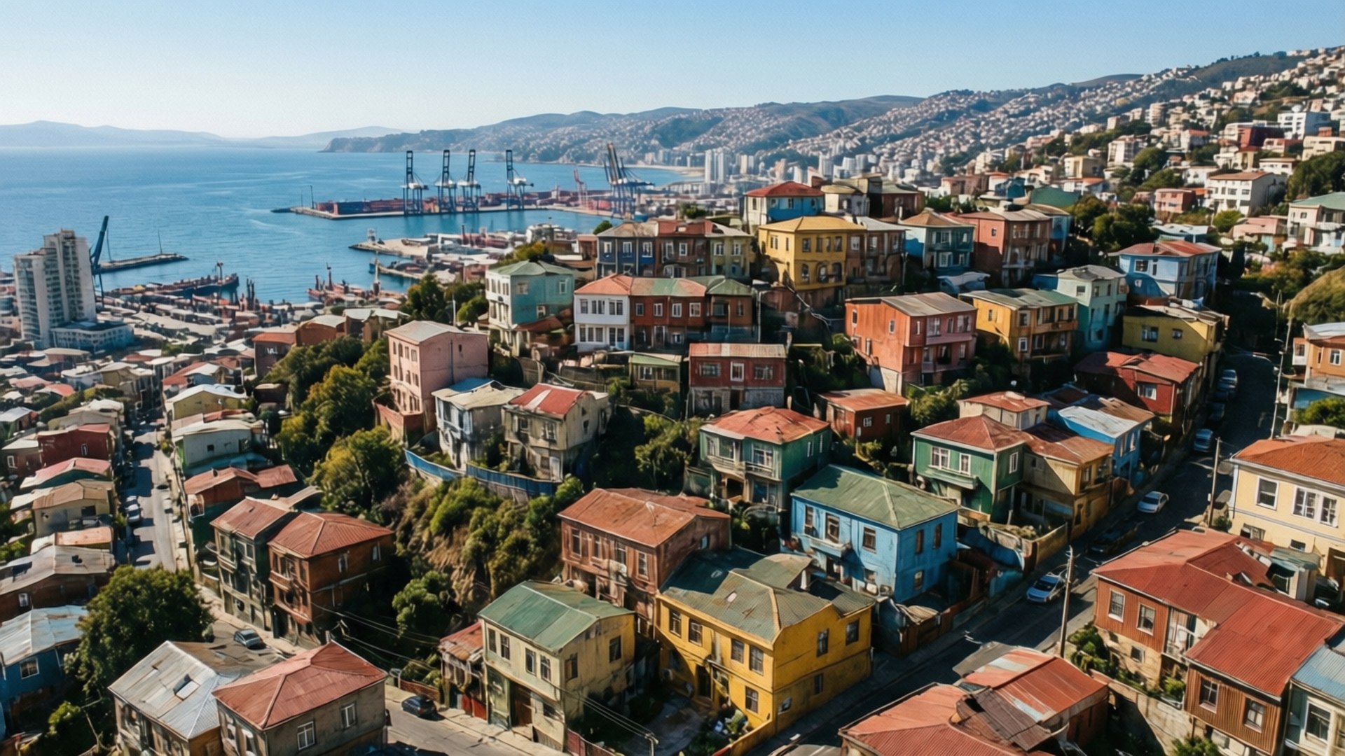 Valparaíso Hillside Colors 壁紙 — 從高空俯瞰，色彩繽紛的房屋沿著山坡層疊而下，旁邊是繁忙的港口，有起重機和船隻，天空清澈湛藍。