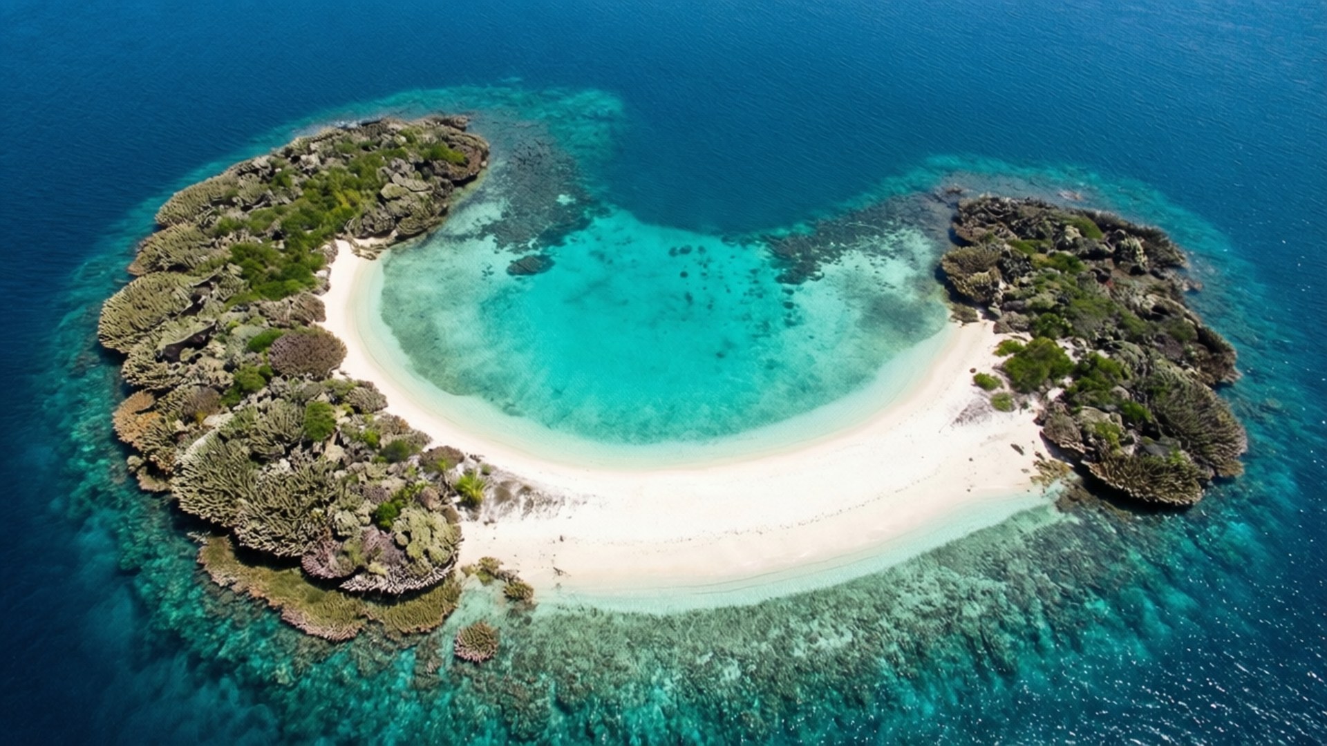 Crescent Lagoon Island 壁紙 — 新月形熱帶島嶼的鳥瞰圖，擁有白色沙灘、碧綠潟湖和珊瑚礁，被深藍色海洋環繞。