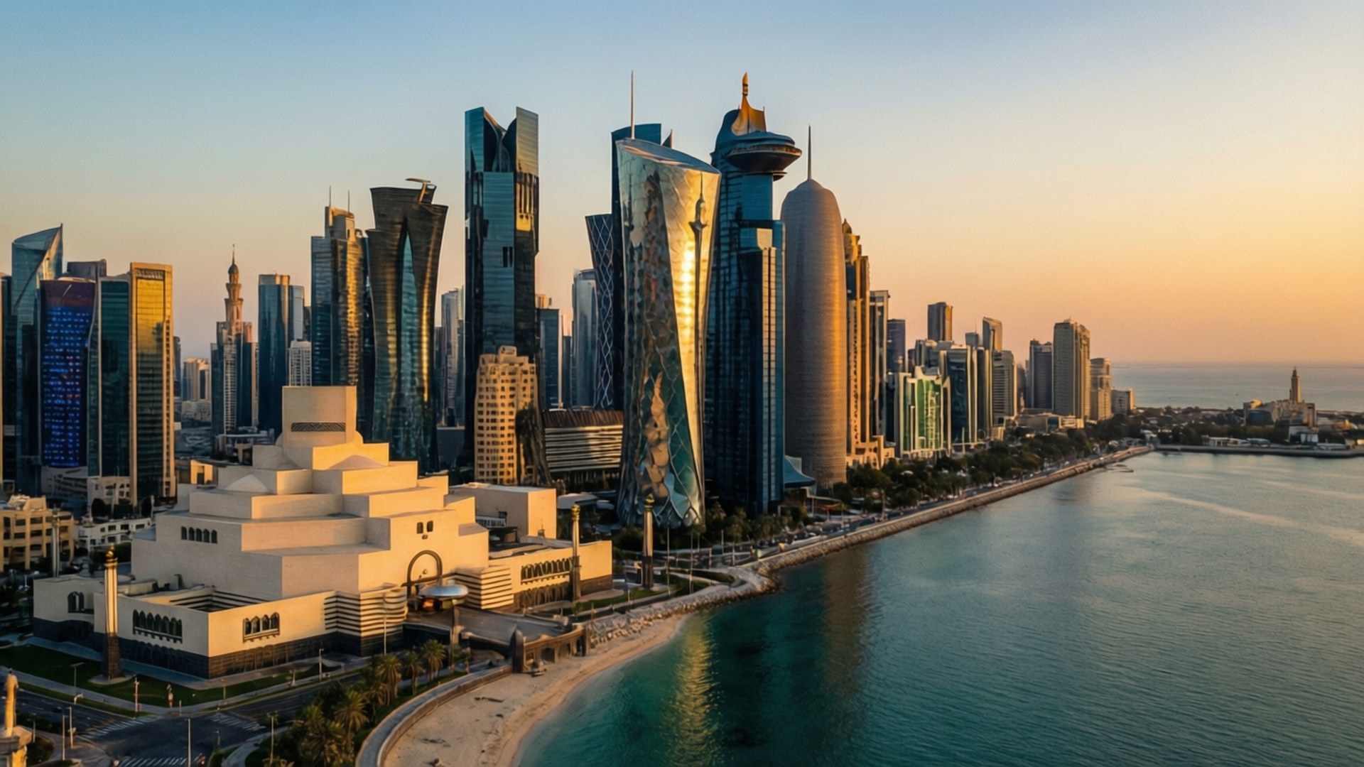 Doha Skyline Sunset Glow 壁紙 — 黃金時段杜哈天際線的鳥瞰圖，現代摩天大樓在水濱反射溫暖光線。