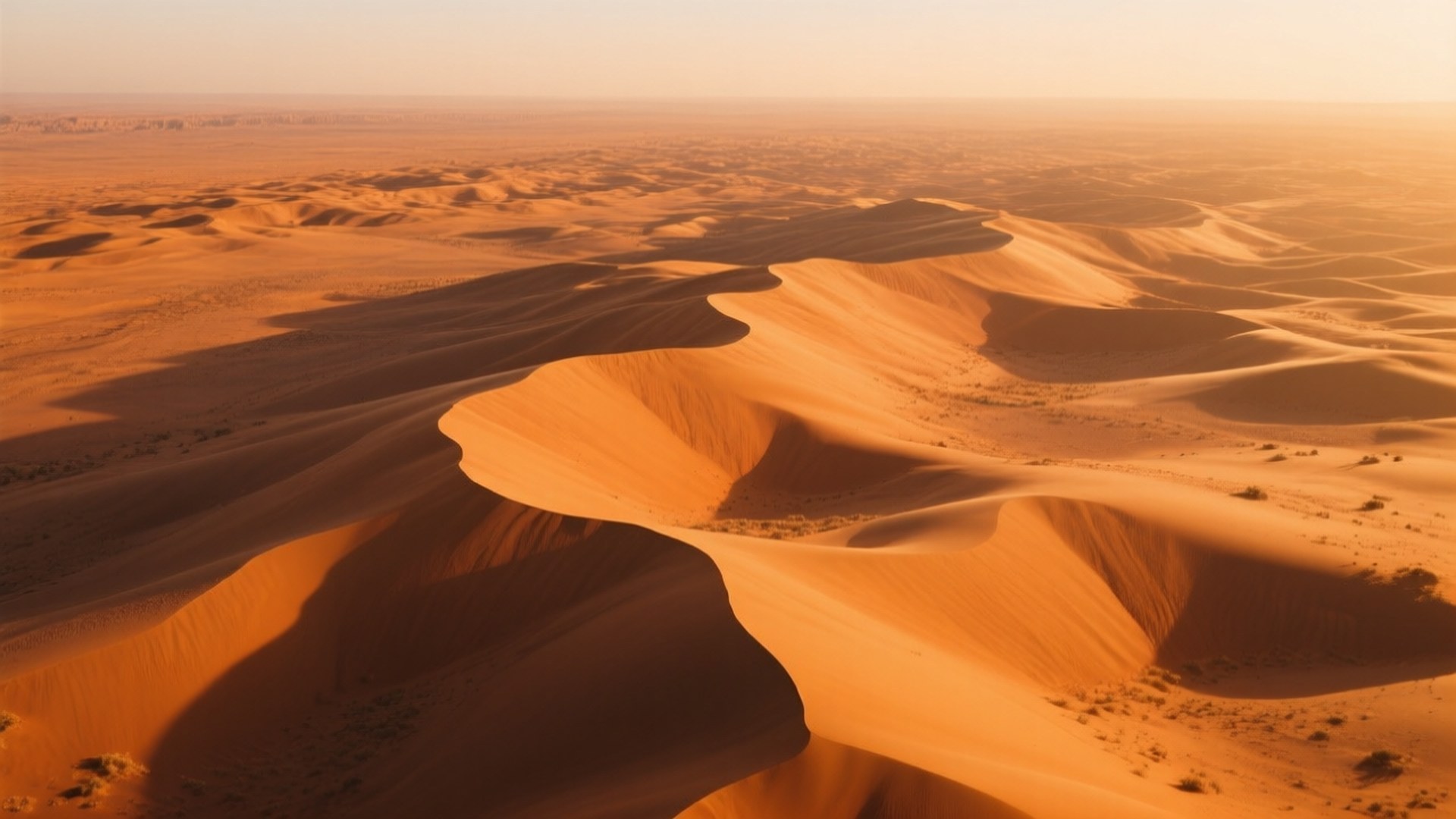 Empty Quarter Dunes 壁紙 — 溫暖夕陽下，風吹蝕而成的無盡金色沙丘鳥瞰圖。