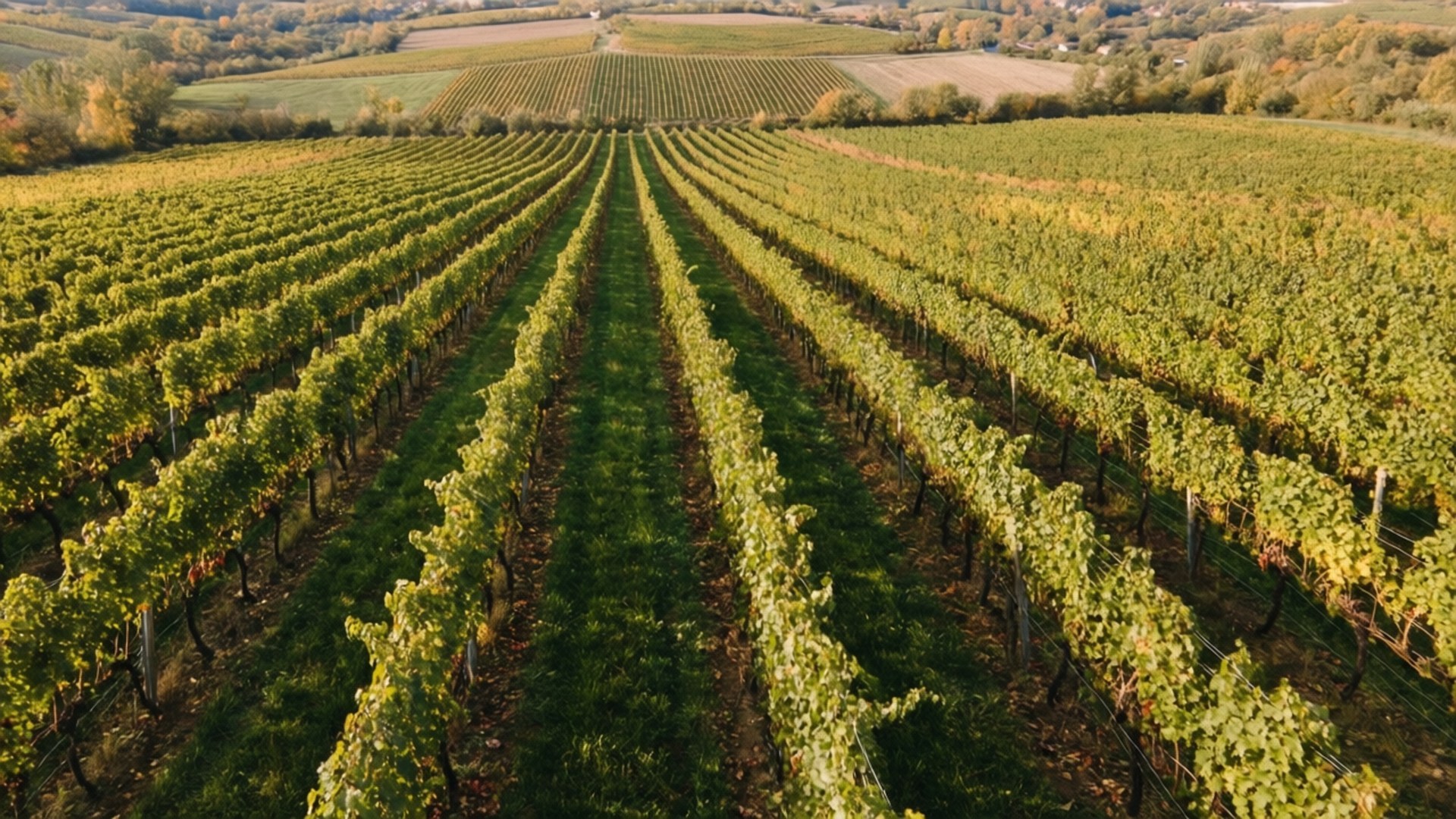 Vineyard Aerial 壁紙 — 鳥瞰圖：無盡的翠綠葡萄藤行列在陽光普照的葡萄園中延伸，遠處有秋樹。