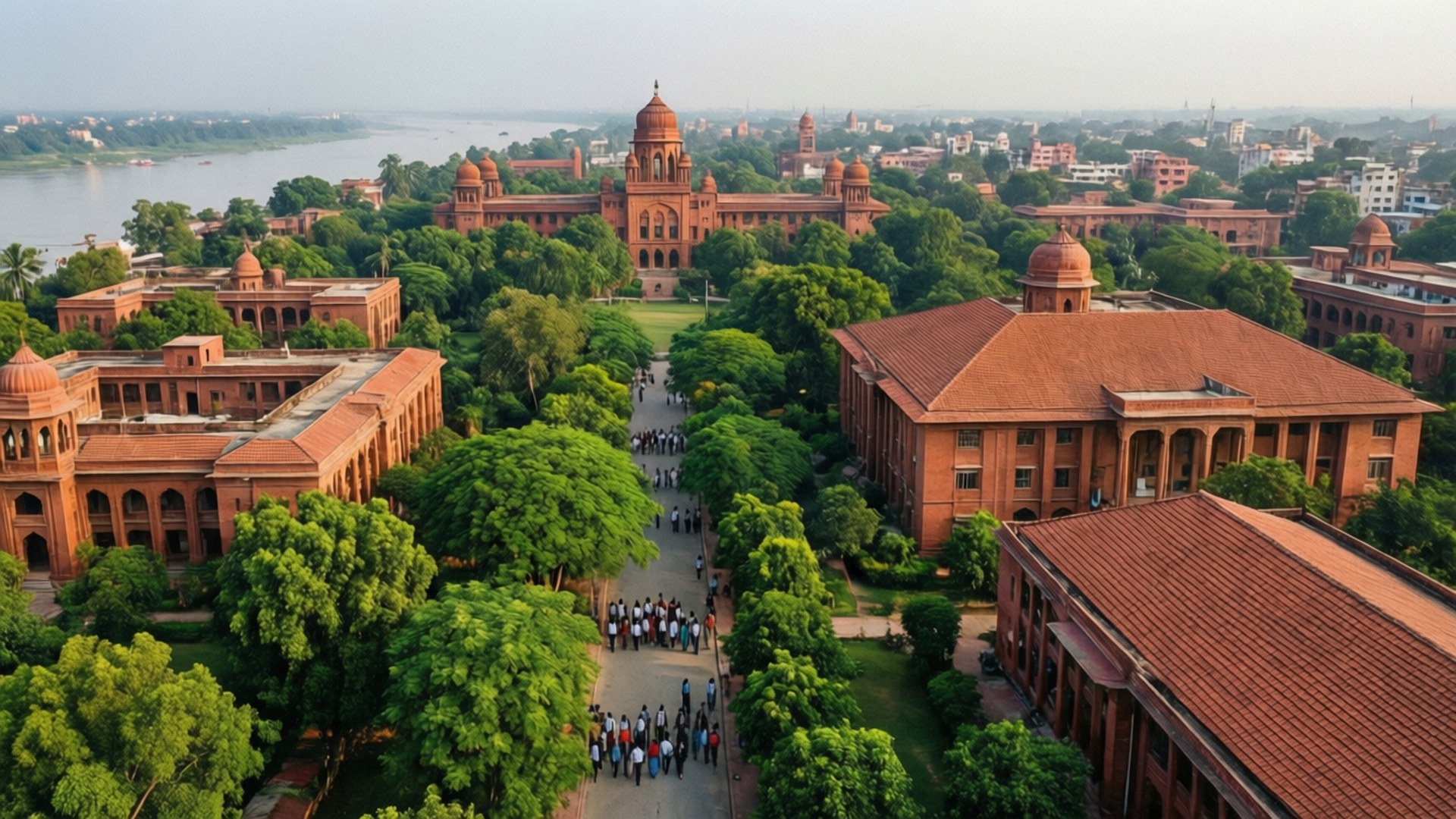 Banaras Hindu University 桌布 壁紙 — 俯瞰宏偉的紅色砂岩大學建築，周圍環繞著茂密的綠樹和遠處的寬闊河流。