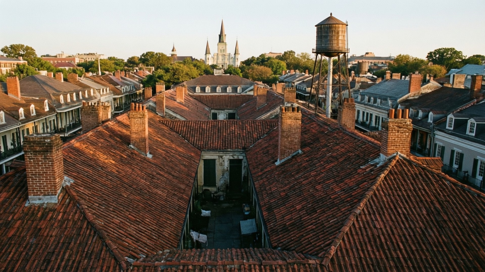 Rooftops at Golden Hour 壁紙 — 歷史悠久的紅瓦屋頂、煙囪和水塔的鳥瞰圖，俯瞰庭院和遠處的大教堂尖頂。