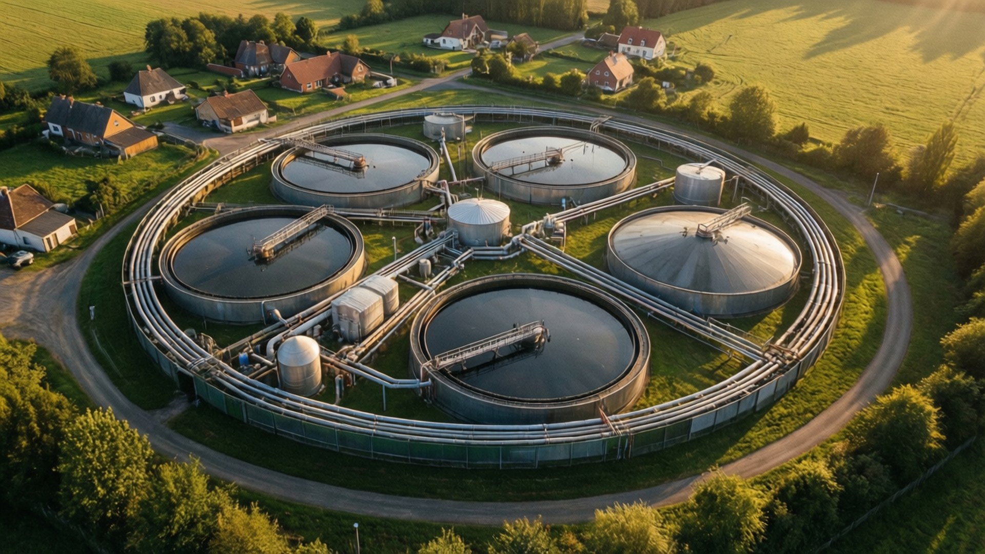 Biogas 桌布 壁紙 — 金色時刻，大型圓形廢水處理池被綠色田野和鄉村房屋環繞的航拍視圖。