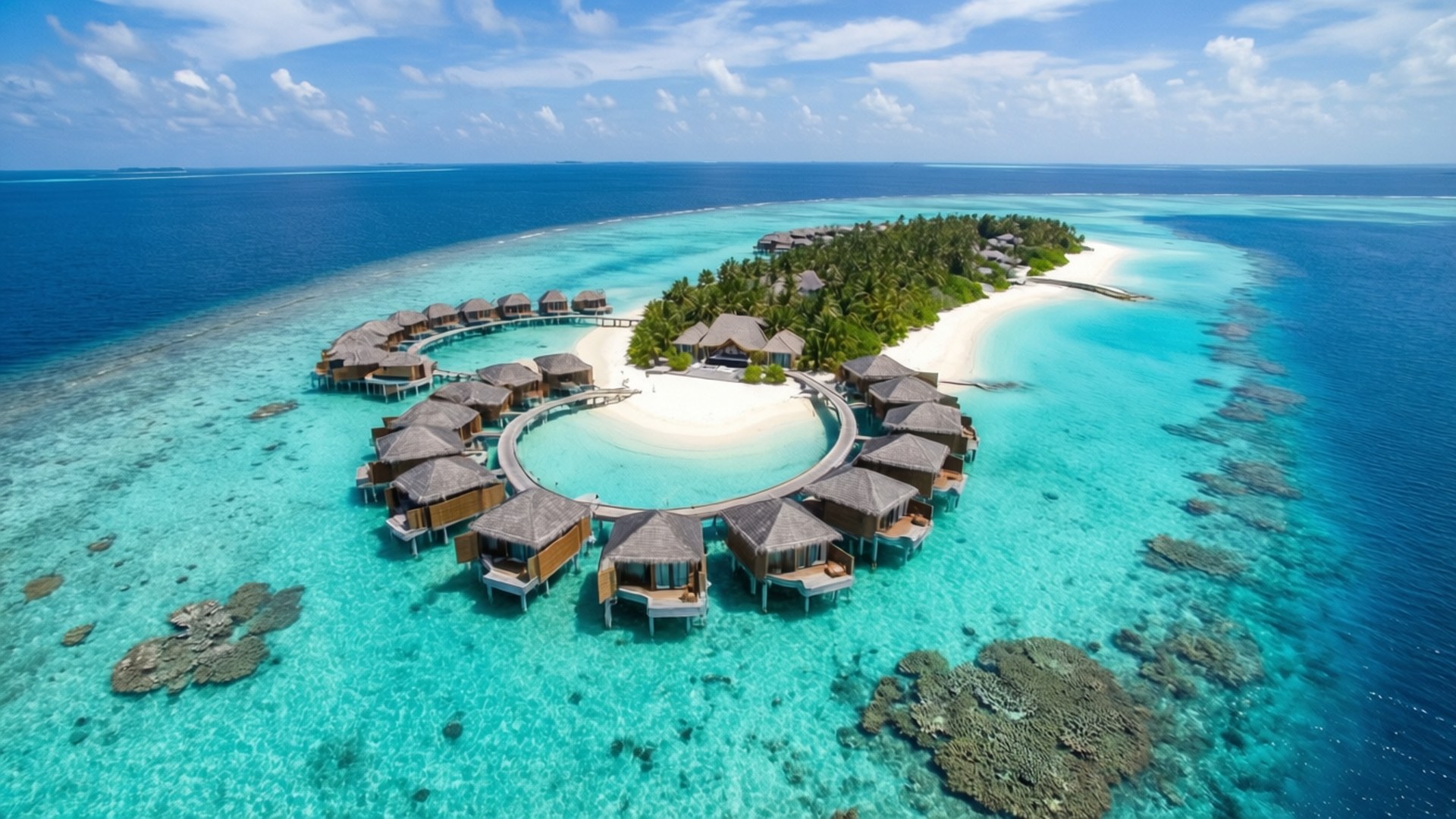 Overwater Villa Paradise 壁紙 — 白色沙島周圍碧綠海水上的豪華水上平房度假村鳥瞰圖。