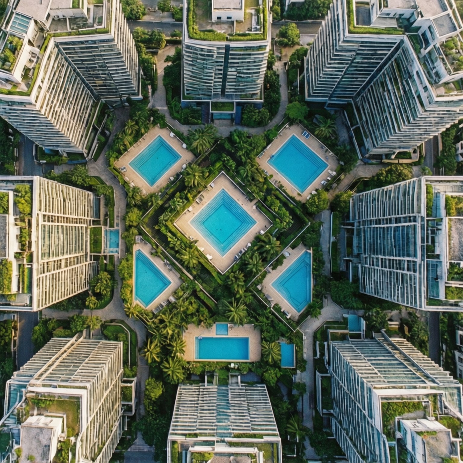 建築 桌布 壁紙 — 豪華城市綜合體中現代高層建築環繞幾何形狀泳池和茂密綠化的鳥瞰圖。