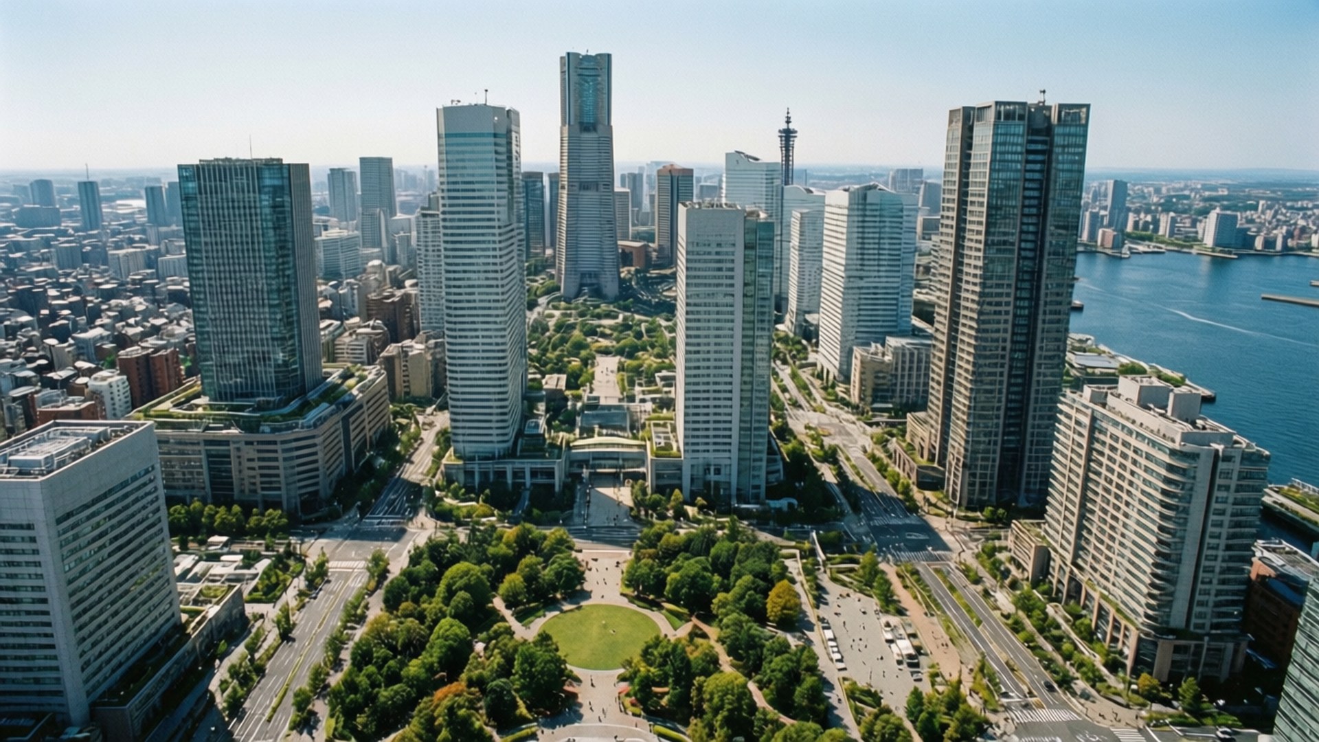 Minato Mirai Aerial 壁紙 — 晴朗天空下，現代摩天大樓環繞著藍色海濱旁鬱鬱蔥蔥的綠色公園的鳥瞰圖。