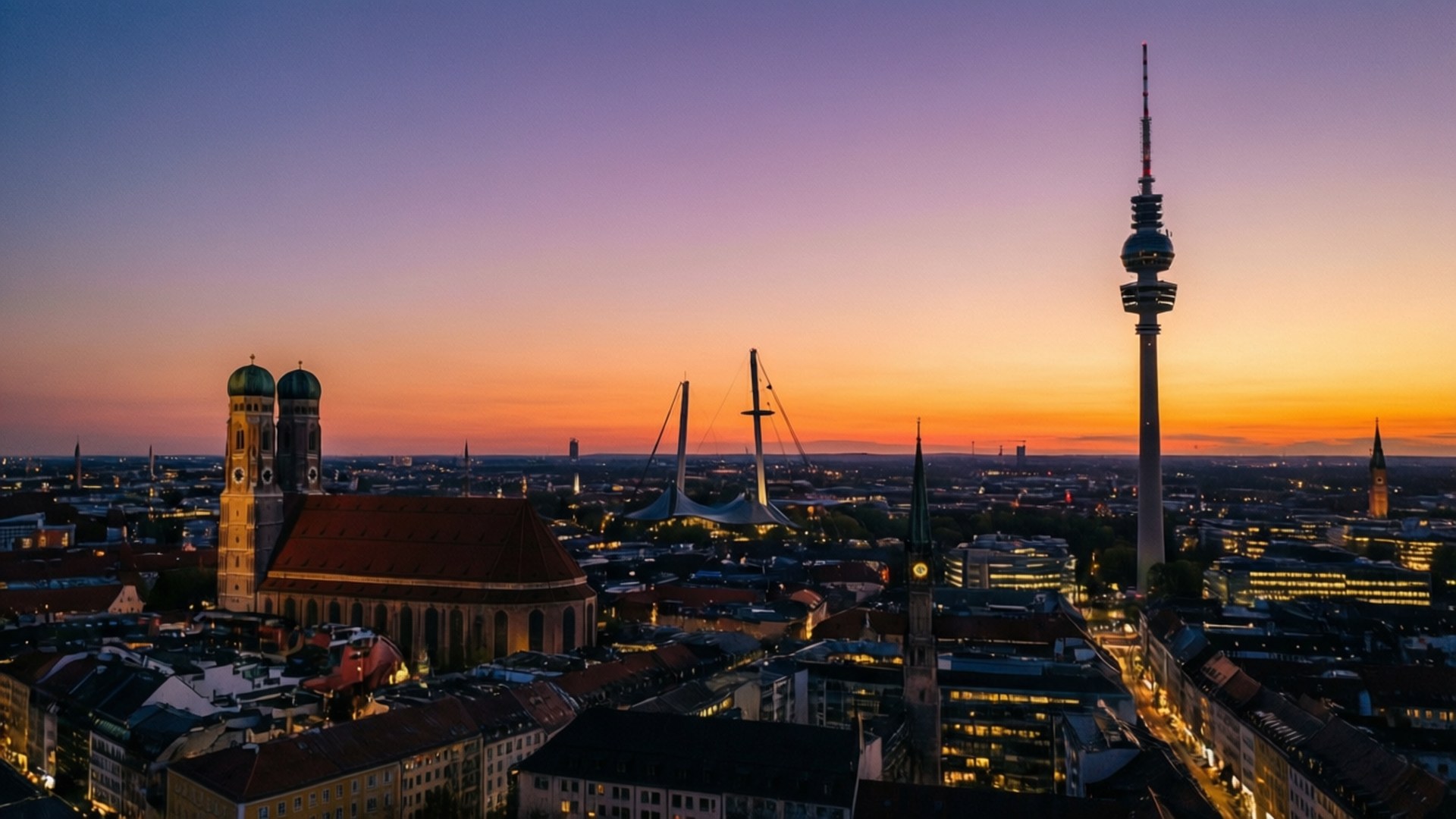 Munich Skyline Dusk 壁紙 — 慕尼黑日落時的鳥瞰圖，聖母教堂和奧林匹克塔在充滿活力的橙紫色天空襯托下形成剪影。