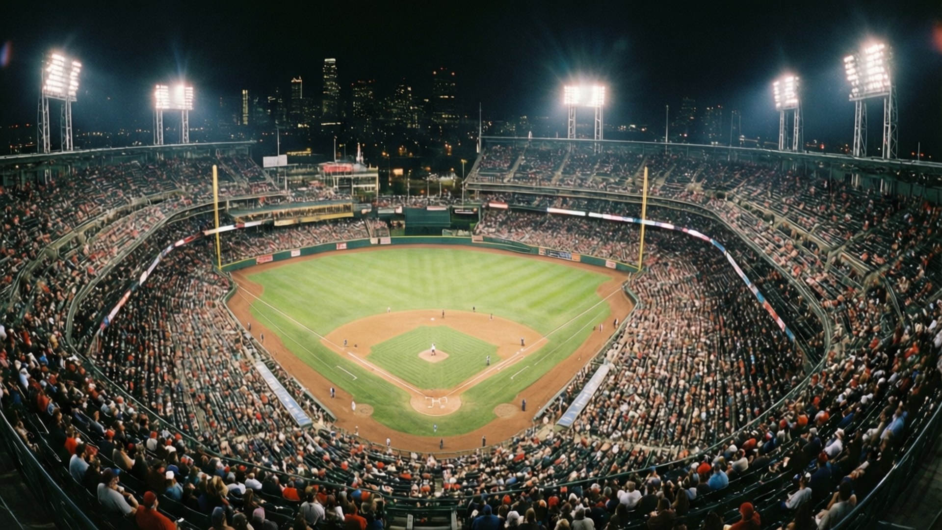 Stadium Under Lights 壁紙 — 夜間擠滿觀眾的棒球場鳥瞰圖，明亮的燈光照亮球場和背景的城市天際線。