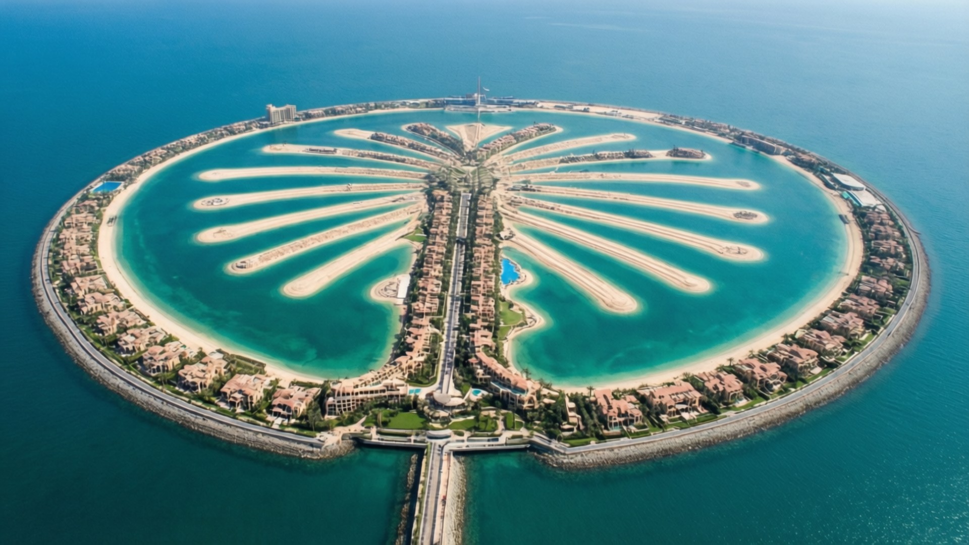 Palm Jumeirah Aerial View 壁紙 — 杜拜棕櫚島的鳥瞰圖，形狀像棕櫚樹，擁有碧綠的海水和豪華別墅。