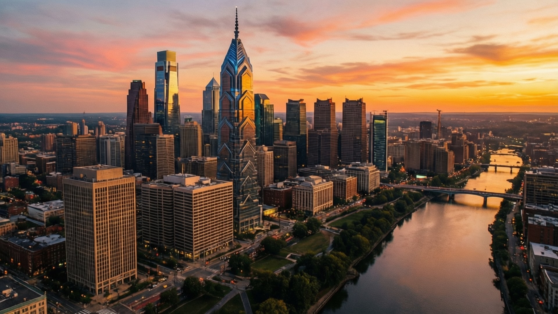 Aerial Golden Hour Philadelphia 壁紙 — 費城天際線的鳥瞰圖，夕陽的金色光芒反射在斯庫爾基爾河和現代摩天大樓上。