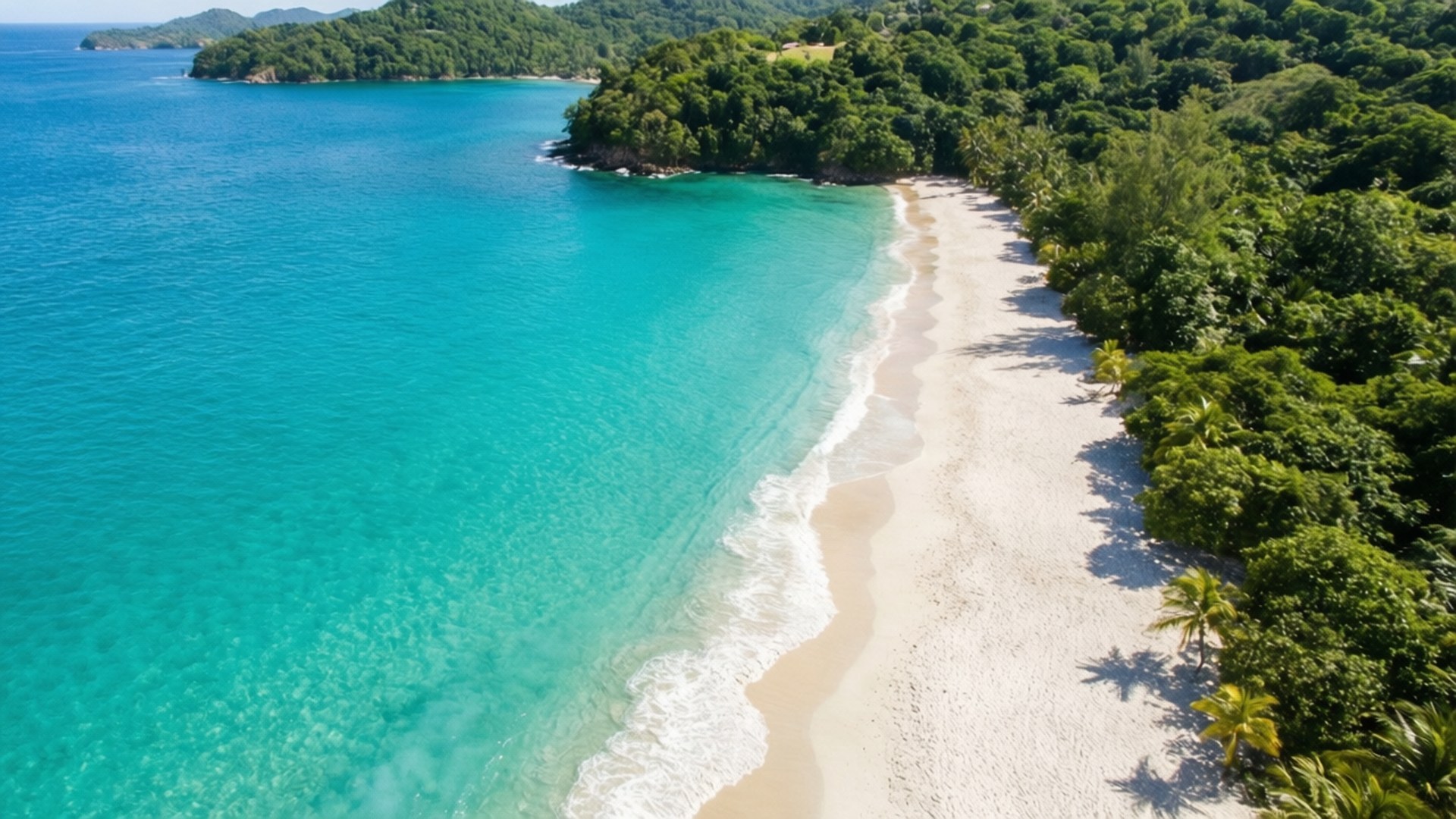 Tropical Paradise Aerial View 壁紙 — 俯瞰一片純淨白沙灘沿著碧綠海水蜿蜒，兩旁是茂密的綠色叢林。