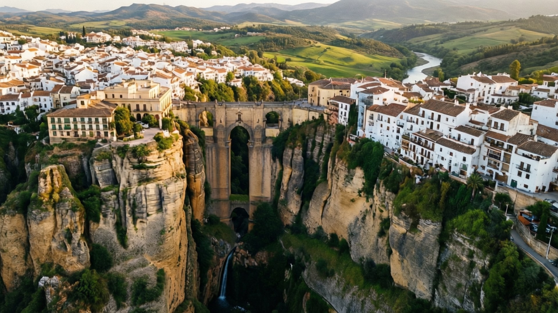 Ronda Cliffside Village 壁紙 — 西班牙龍達白色建築矗立懸崖上，石橋橫跨深谷，河流蜿蜒穿過綠色山丘的鳥瞰圖。
