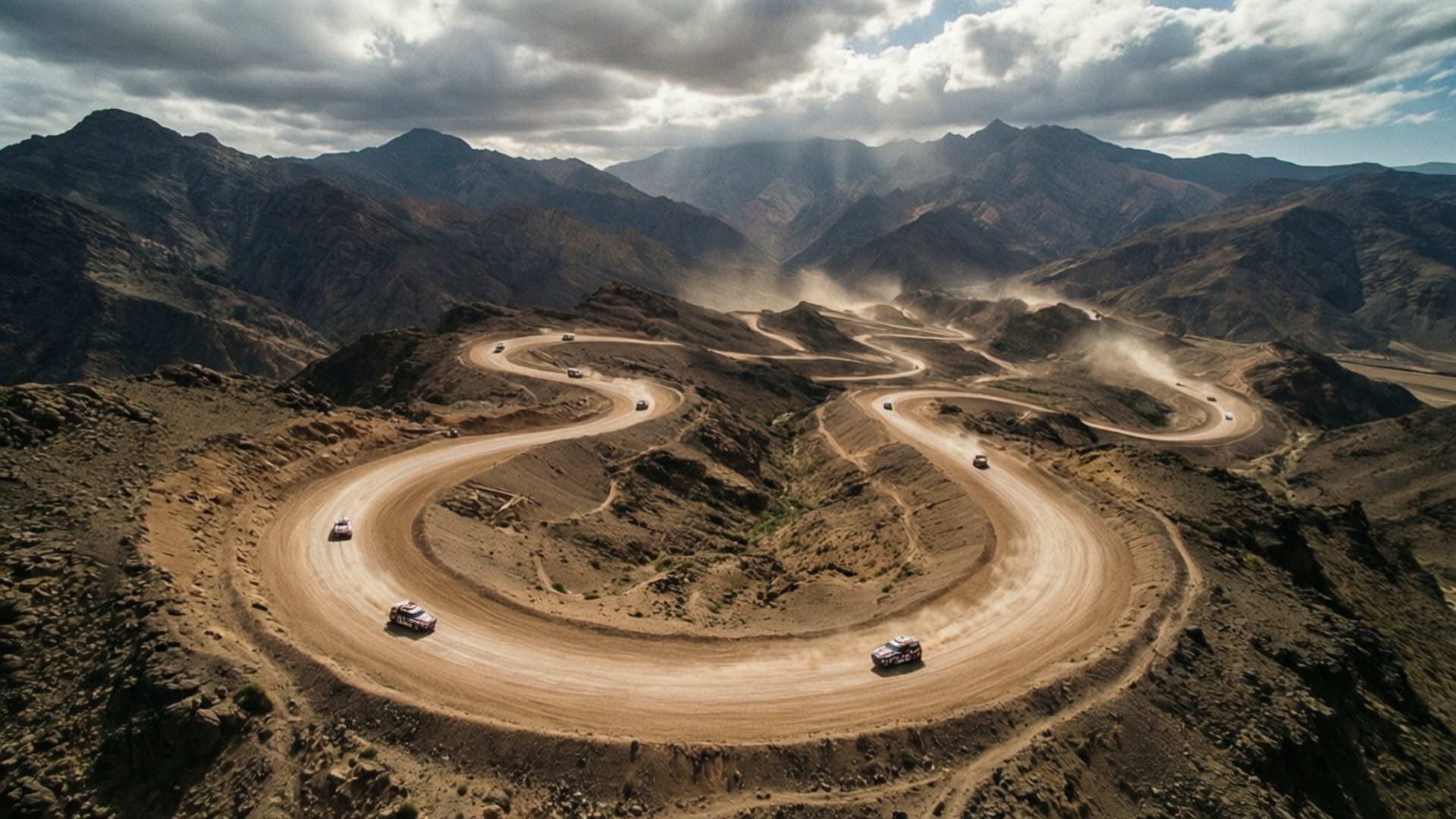 Mountain Stage 壁紙 — 在戲劇性的多雲天空下，堅固的越野車在蜿蜒的沙漠山路上揚起灰塵的鳥瞰圖。