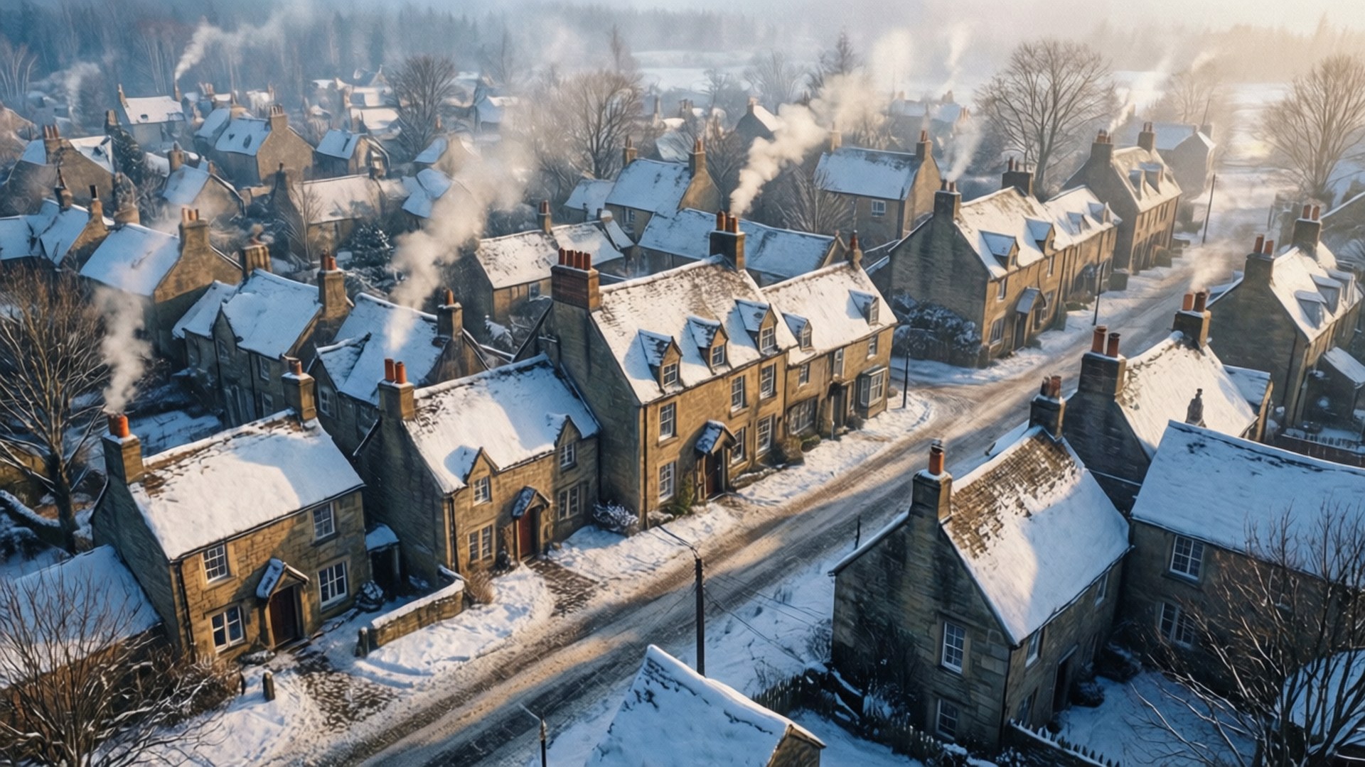 Winter Town 壁紙 — 寧靜冬季村莊中，雪覆蓋的石屋煙囪升起煙霧的鳥瞰圖。