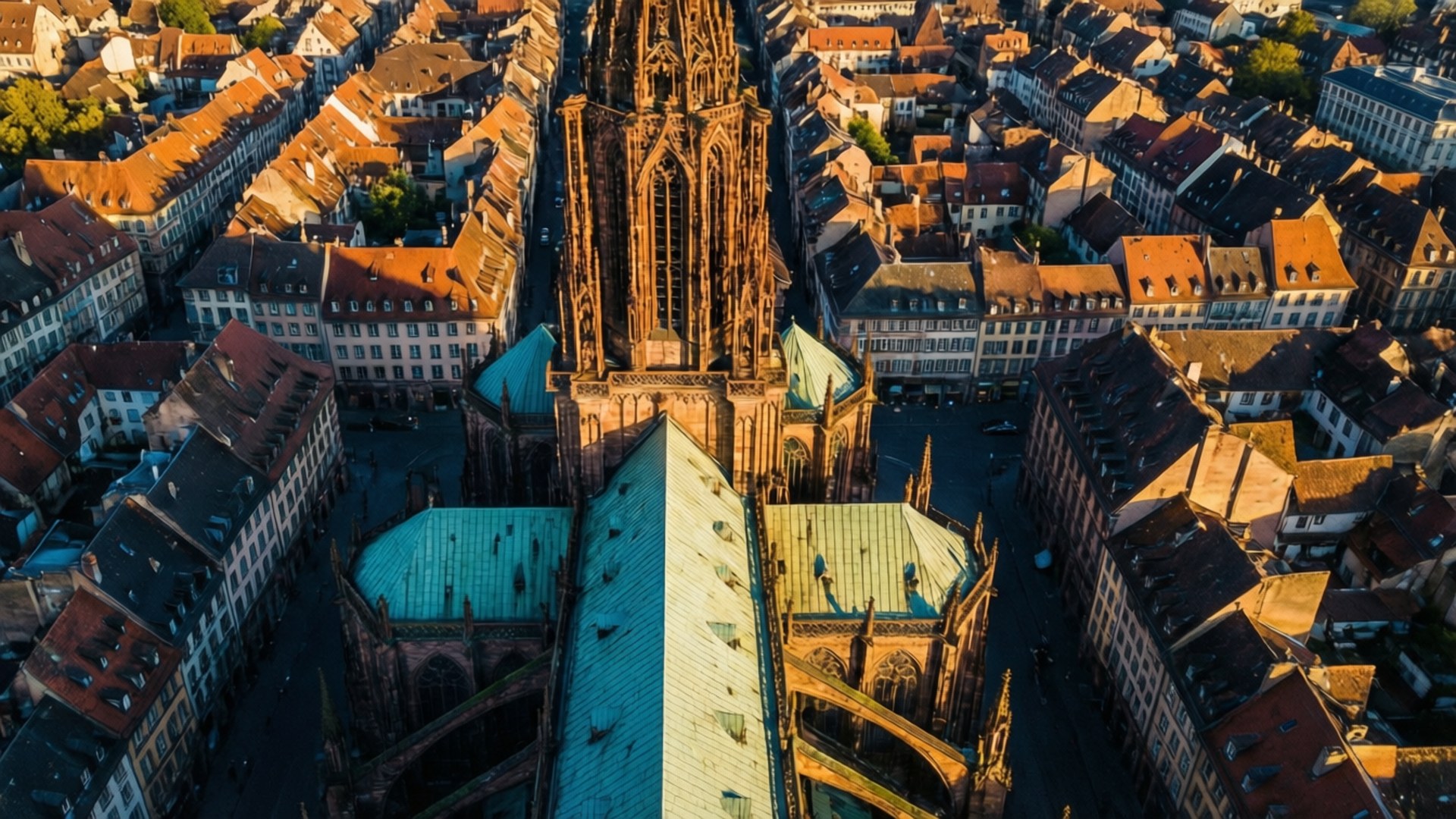 Aerial Cathedral View 壁紙 — 斯特拉斯堡大教堂的鳥瞰圖，聳立在密集的歐洲城市景觀之上，沐浴在金色的日落光芒中。