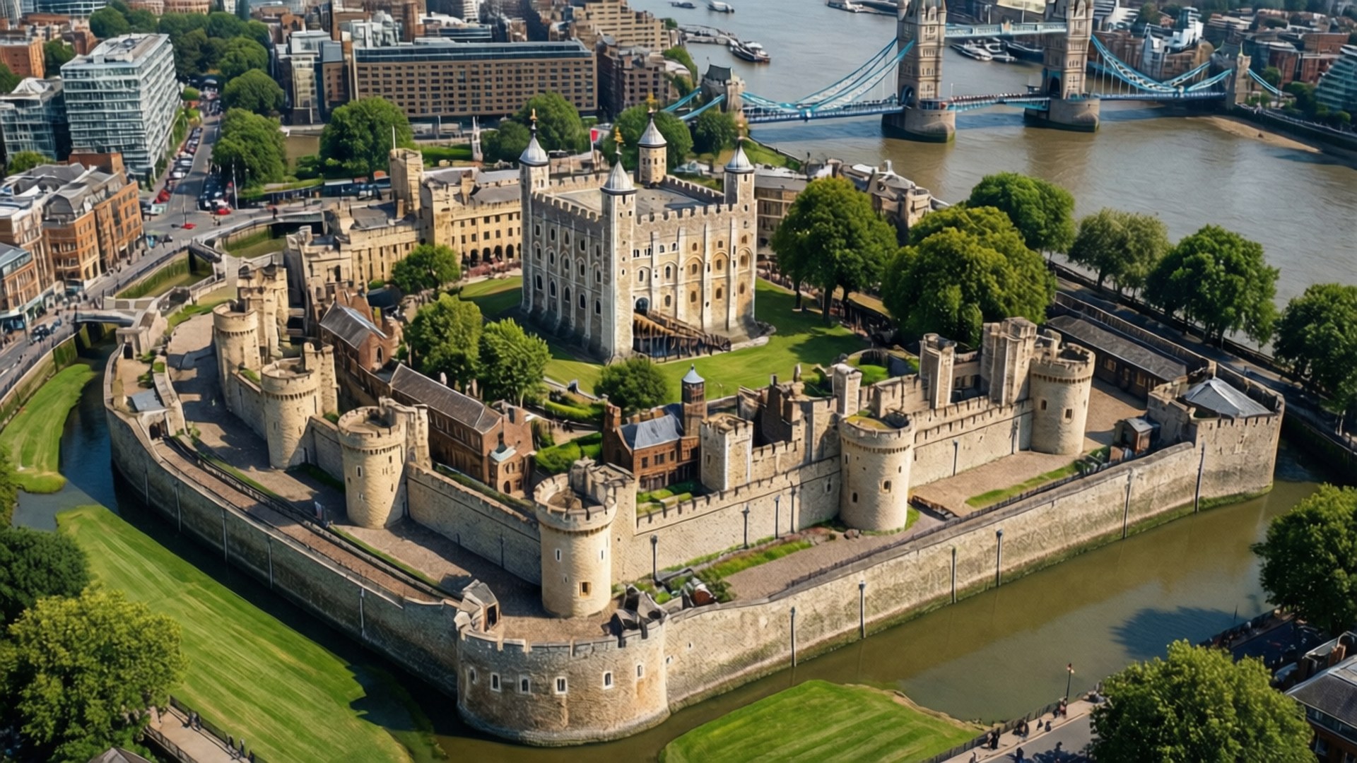 Aerial Tower of London 壁紙 — 歷史悠久的倫敦塔的鳥瞰圖，周圍環繞著綠色草坪和護城河，背景中塔橋橫跨河流。